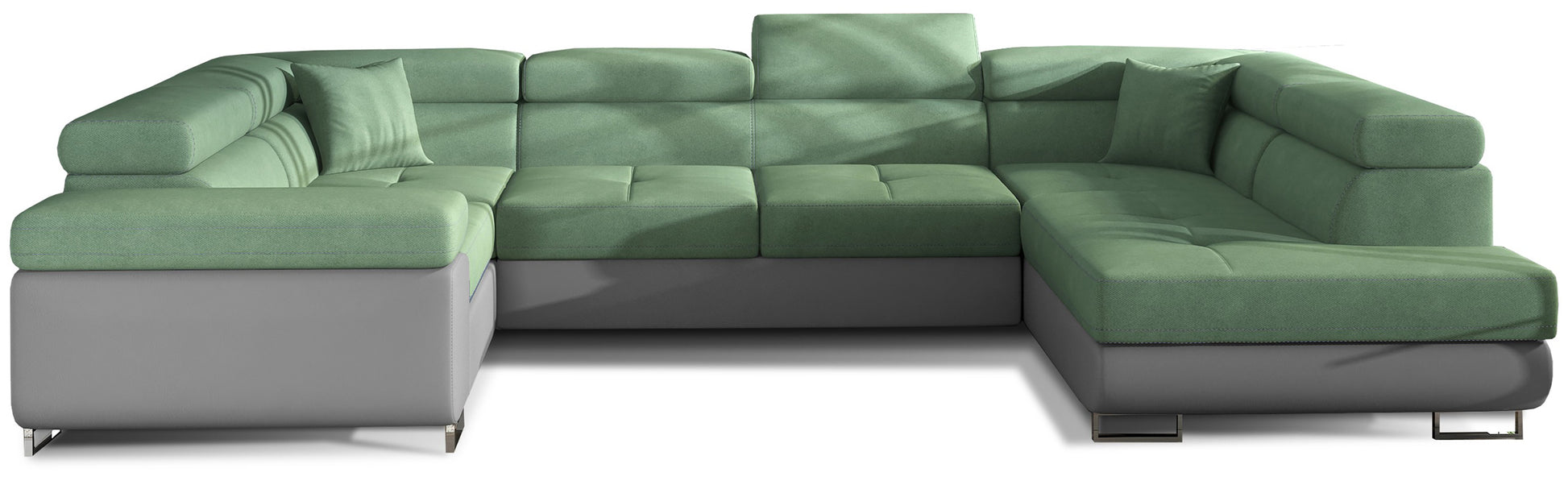 Narożnik Letto modułowy w tkaninie Soro 34 jasnozielony z podstawą Soft 29 szary, widok całej sofy na białym tle