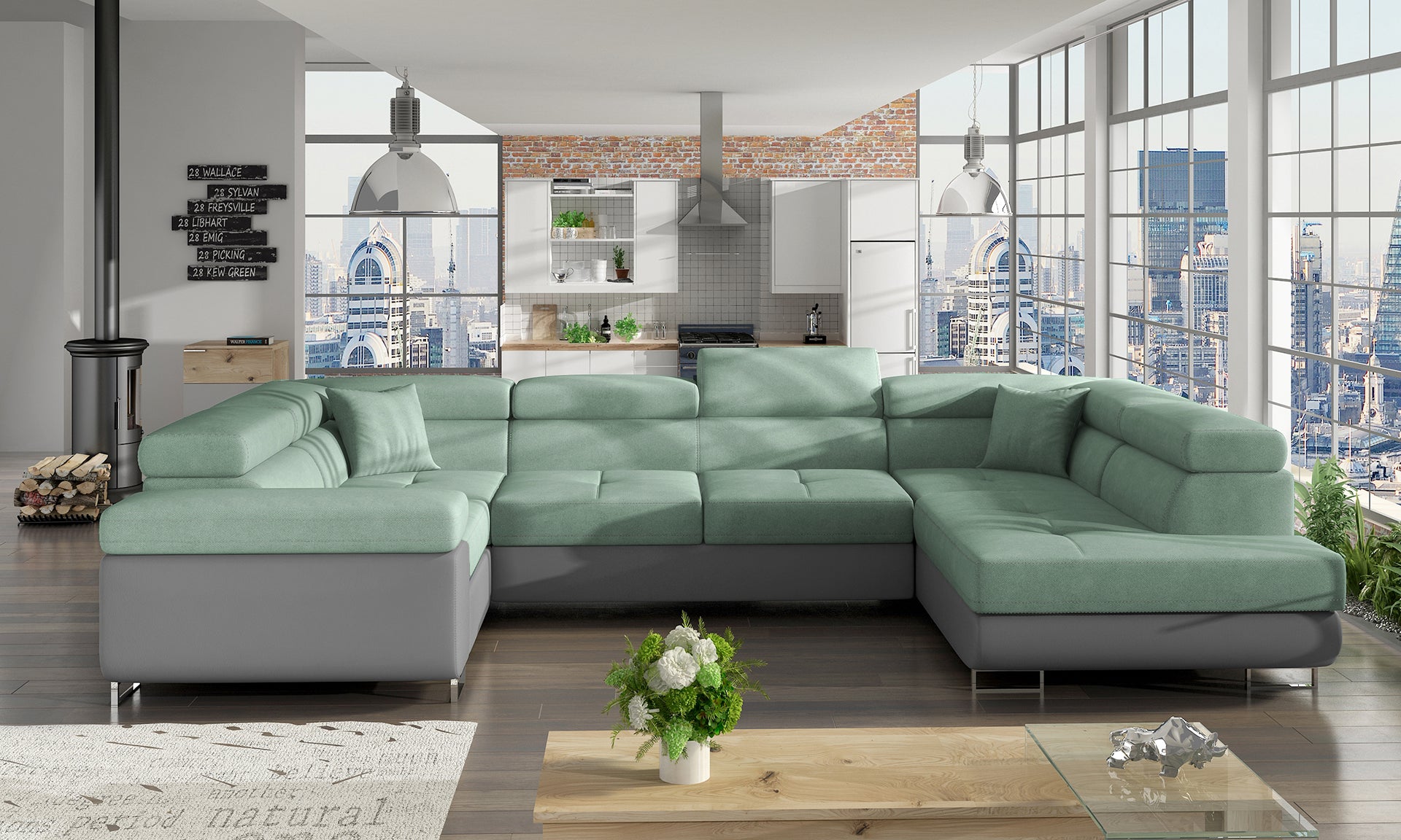 Narożnik Letto modułowy w tkaninie Soro 34 jasnozielony z szarą podstawą Soft 29 w nowoczesnym salonie, widok z lewej strony