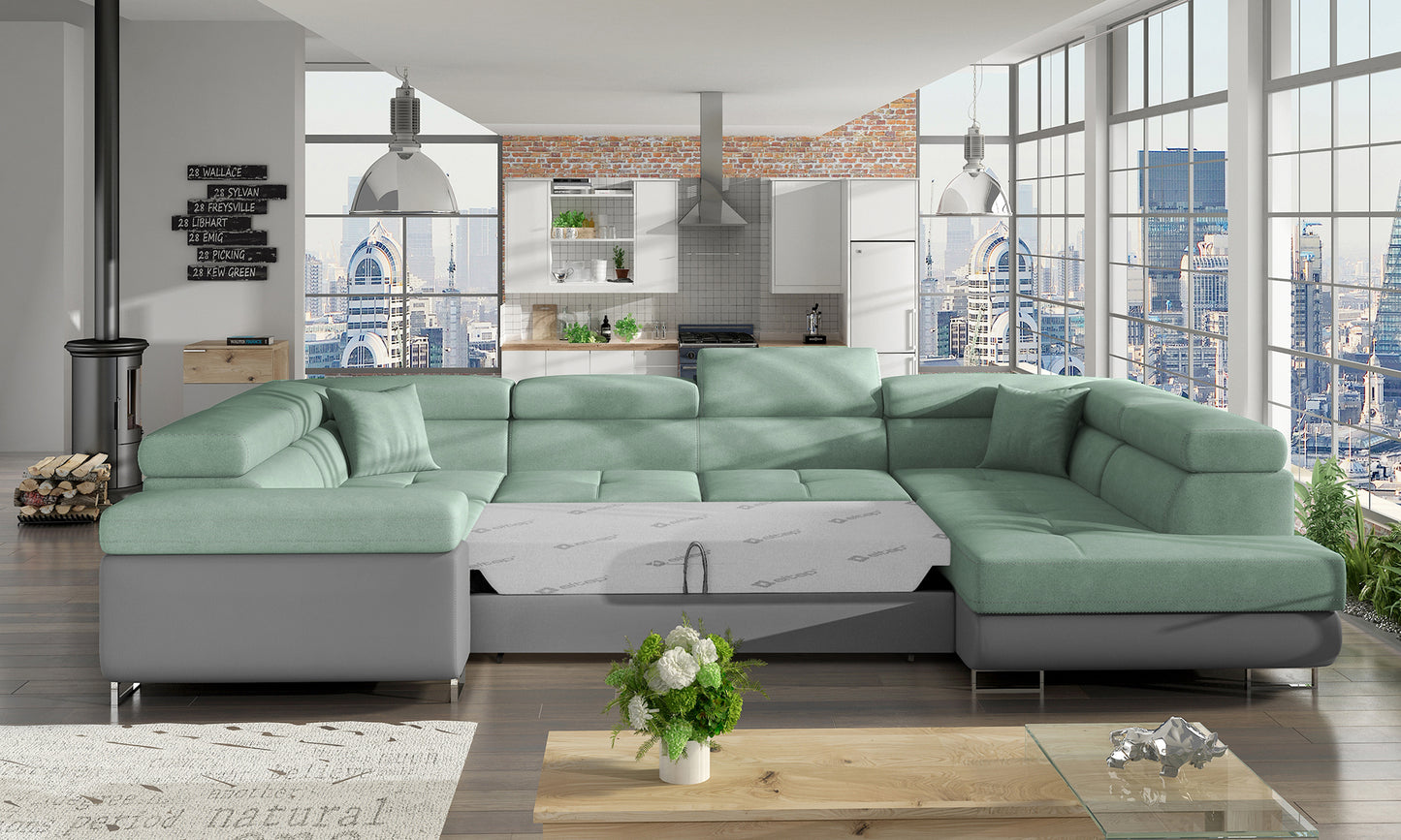 Narożnik Letto modułowy jasnozielony Soro 34 z podstawą Soft 29 szary w jasnej aranżacji salonu, widok z prawej strony