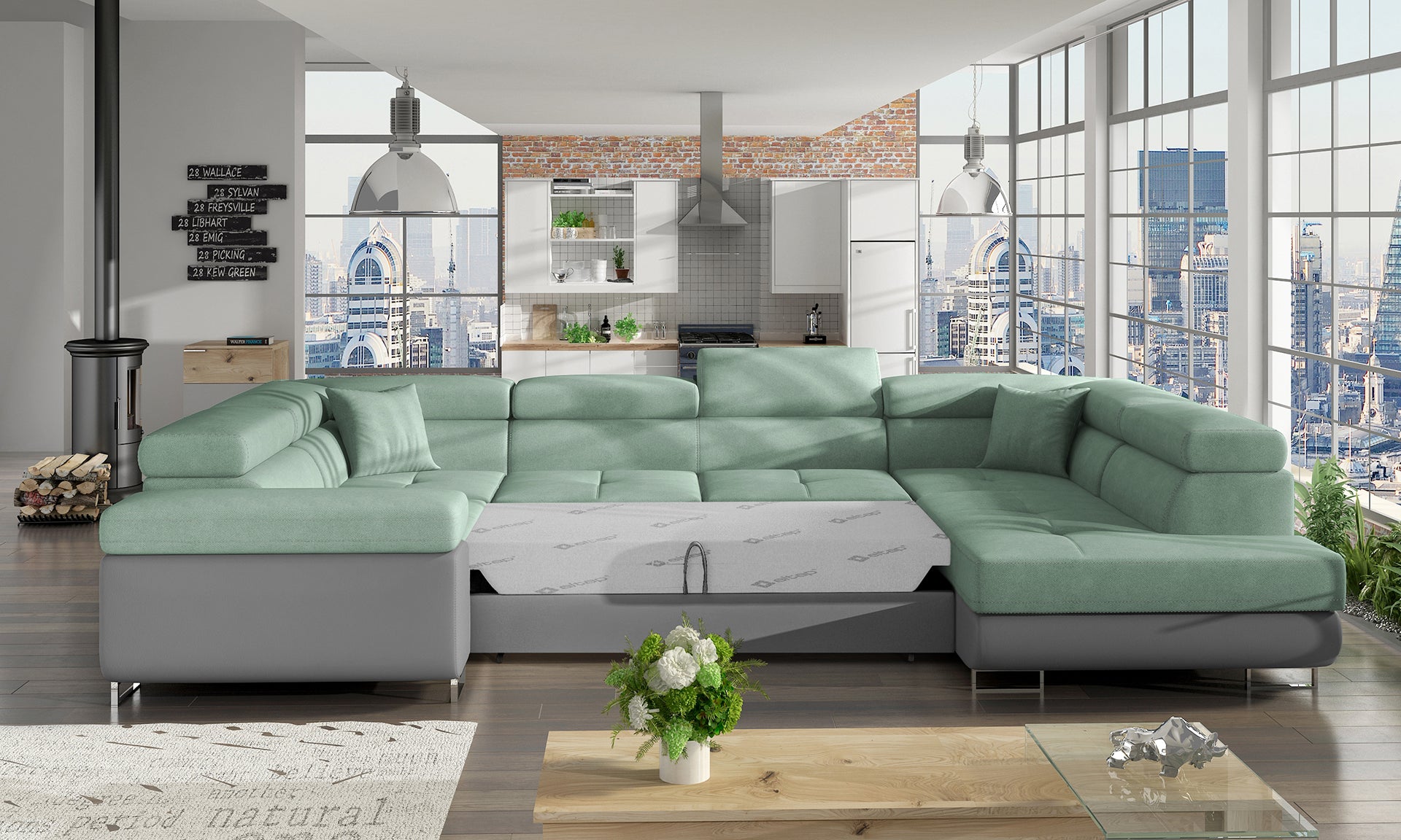 Narożnik Letto modułowy jasnozielony Soro 34 z podstawą Soft 29 szary w jasnej aranżacji salonu, widok z prawej strony