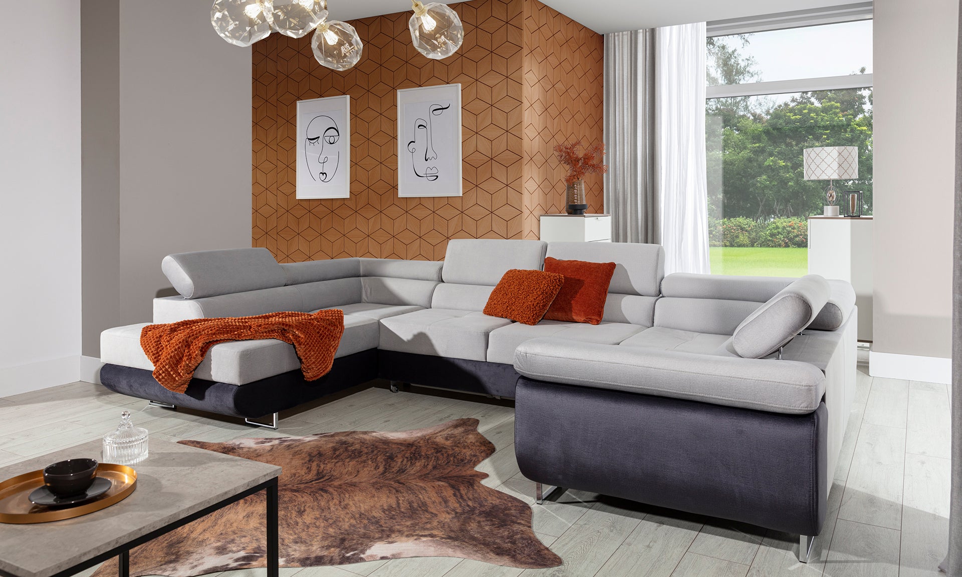 Narożnik Letto w tkaninie Monolith 84 jasnoszary i Monolith 97 ciemnoszary w nowoczesnej aranżacji salonu