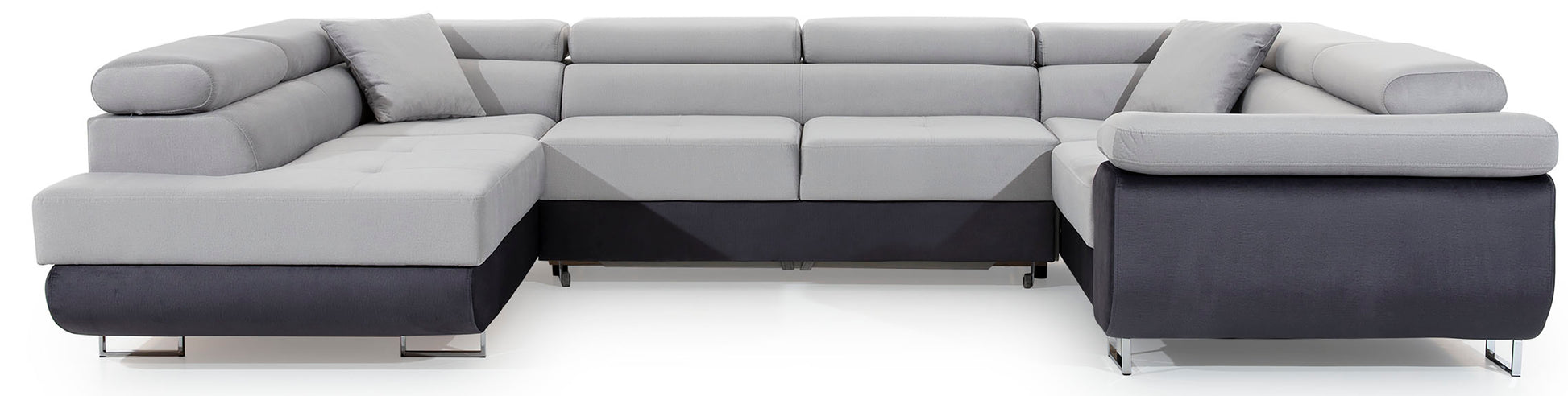 Narożnik Letto w kształcie L w tkaninie Monolith 84 jasnoszary z elementami Monolith 97 ciemnoszary na białym tle