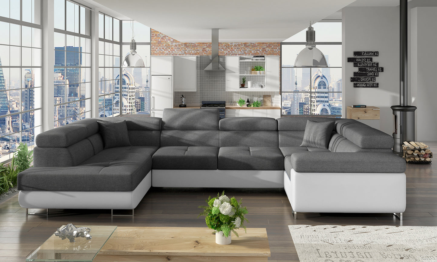 Narożnik Letto w tkaninie Sawana 05 ciemnoszarej z białym Soft 17 w nowoczesnym salonie