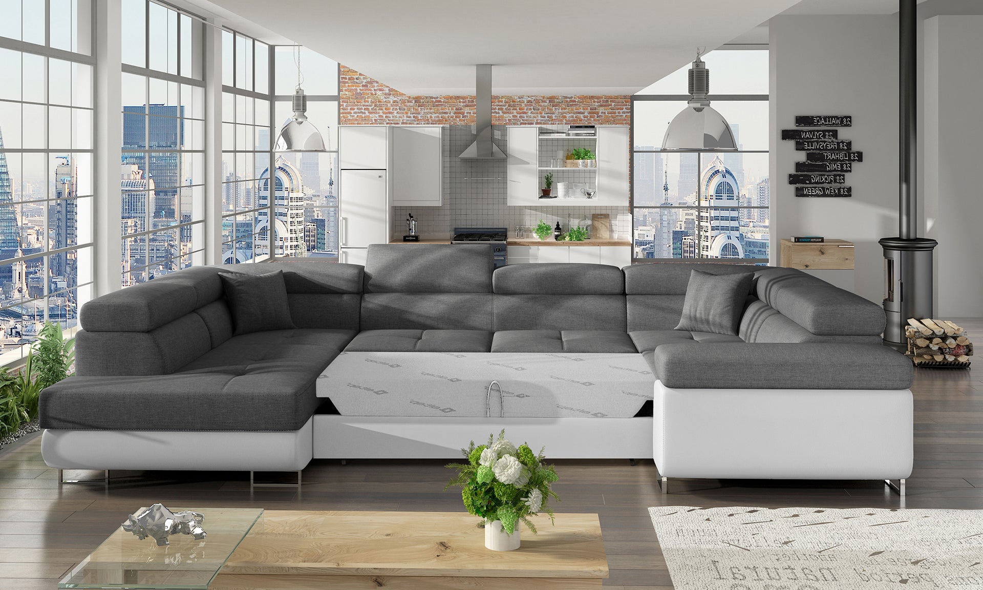 Ciemnoszary narożnik Letto Sawana 05 z kontrastowymi białymi elementami Soft 17 w jasnym wnętrzu