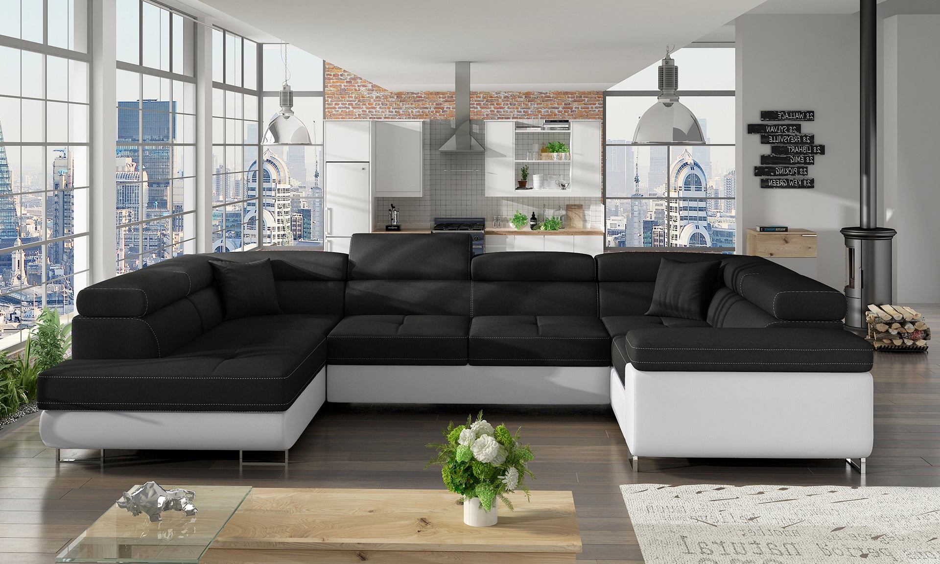 Narożnik Letto w tkaninie Sawana 14 czarnej i białym Soft 17 w nowoczesnym salonie