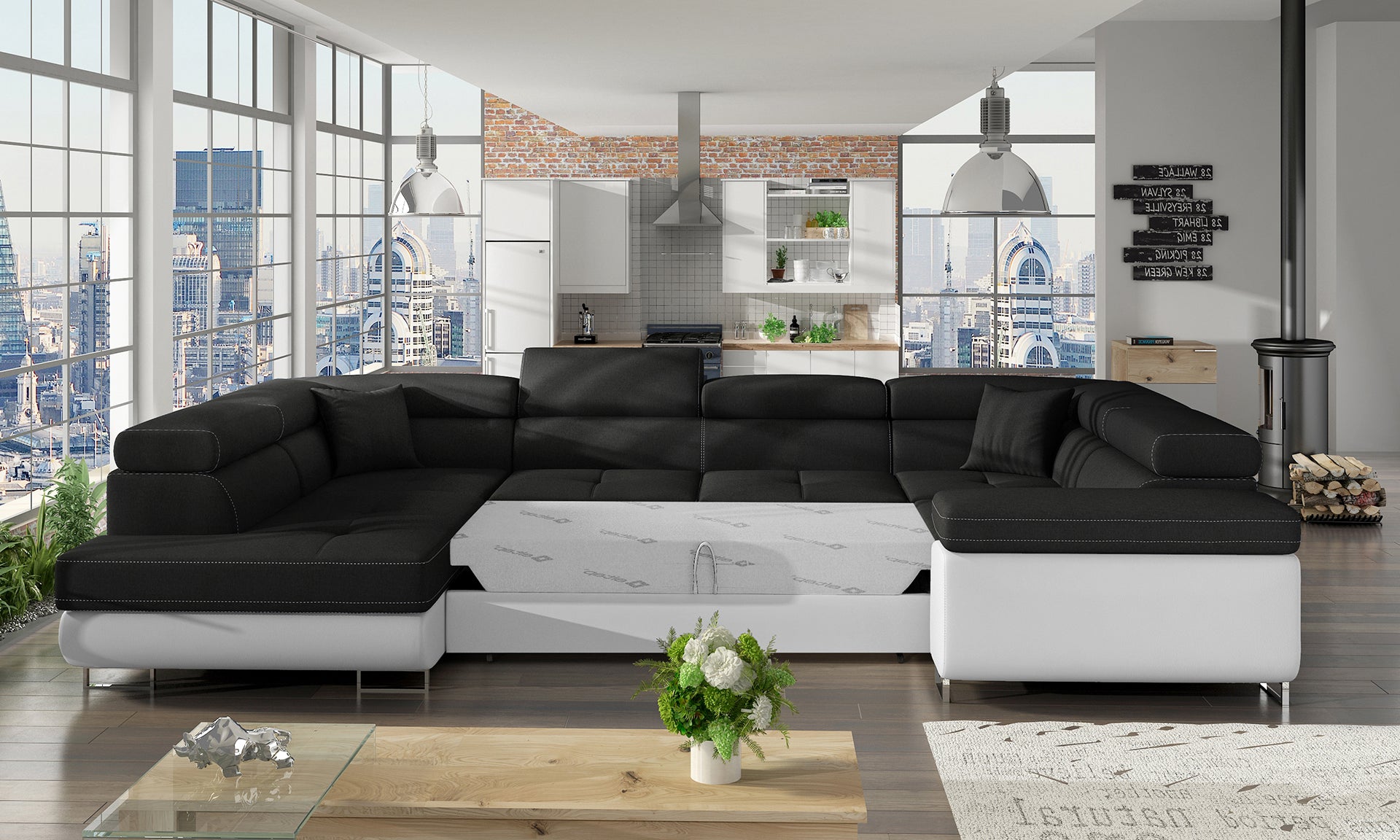 Czarny narożnik Letto Sawana 14 z kontrastowymi białymi elementami Soft 17 w jasnym wnętrzu