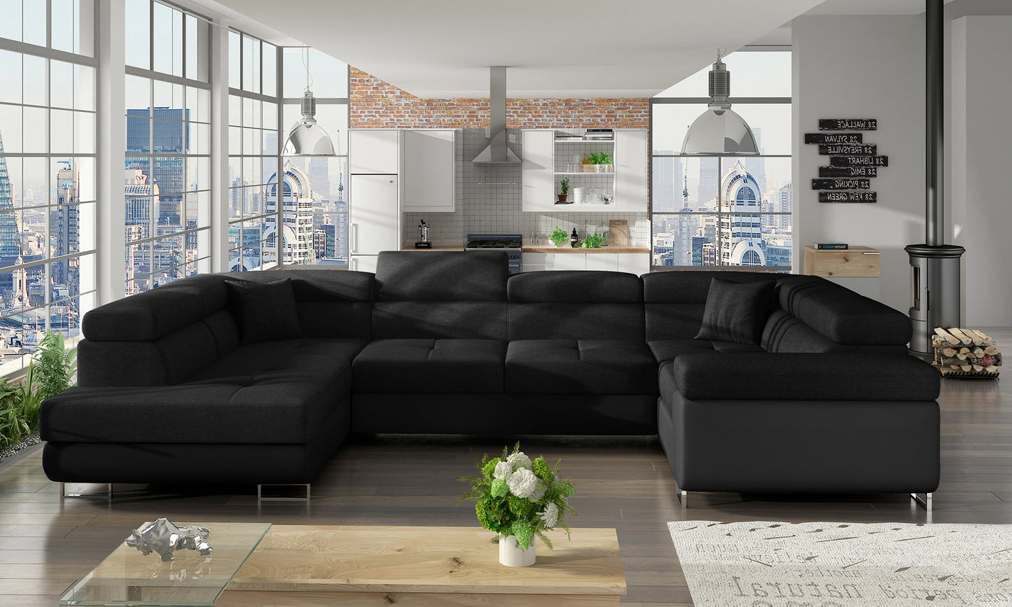 Czarny narożnik Letto Sawana 14 i Soft 11 ustawiony w nowoczesnym salonie