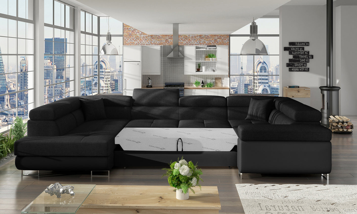 Narożnik Letto w czarnej tkaninie Sawana 14 i Soft 11 w jasnej aranżacji salonu