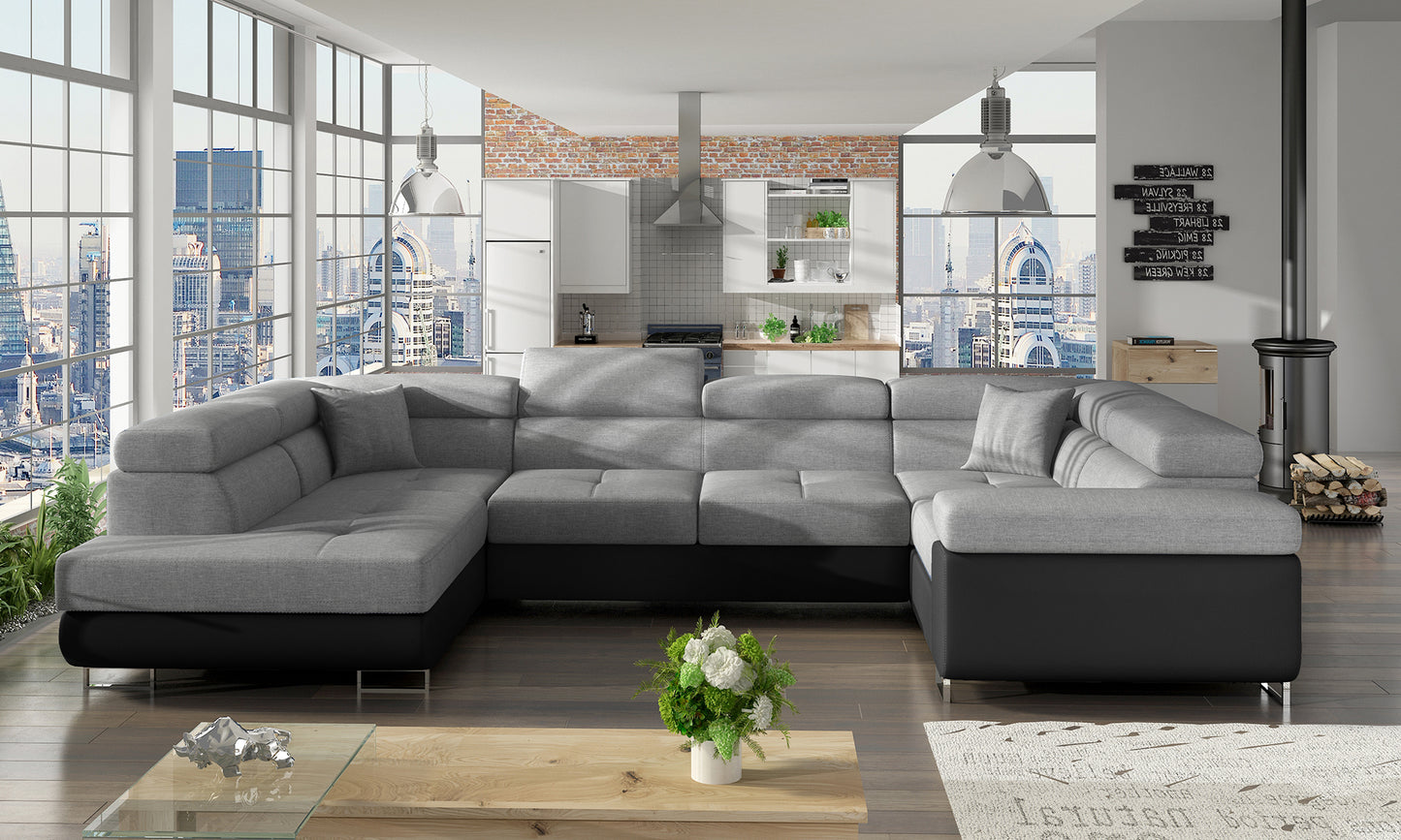 Narożnik Letto w tkaninie Sawana 21 szarej i czarnym Soft 11 w nowoczesnym salonie