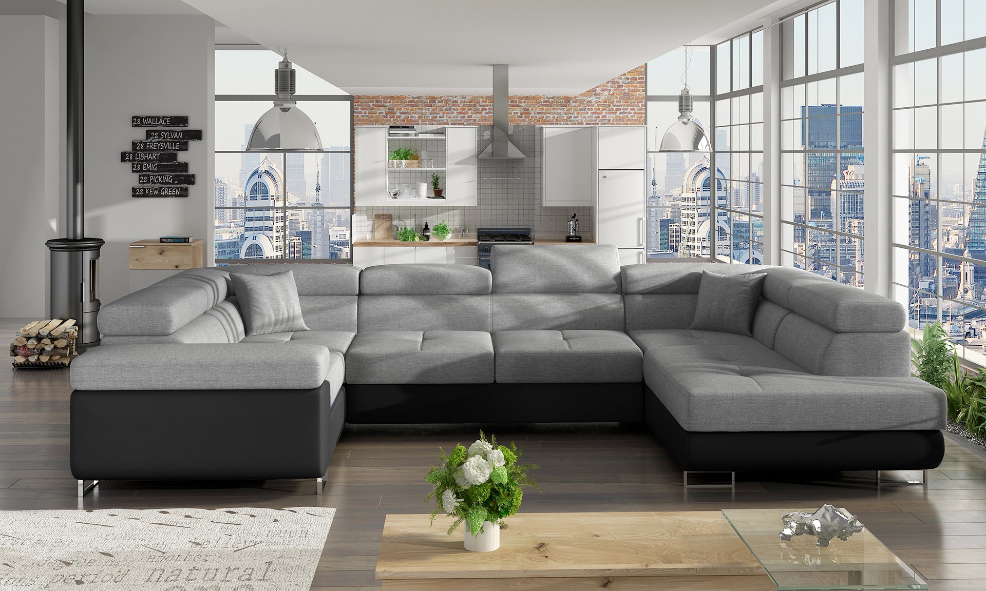 Narożnik Letto narożny w tkaninie Sawana 21 szary z czarną podstawą Soft 11 w nowoczesnym salonie, widok z lewej strony