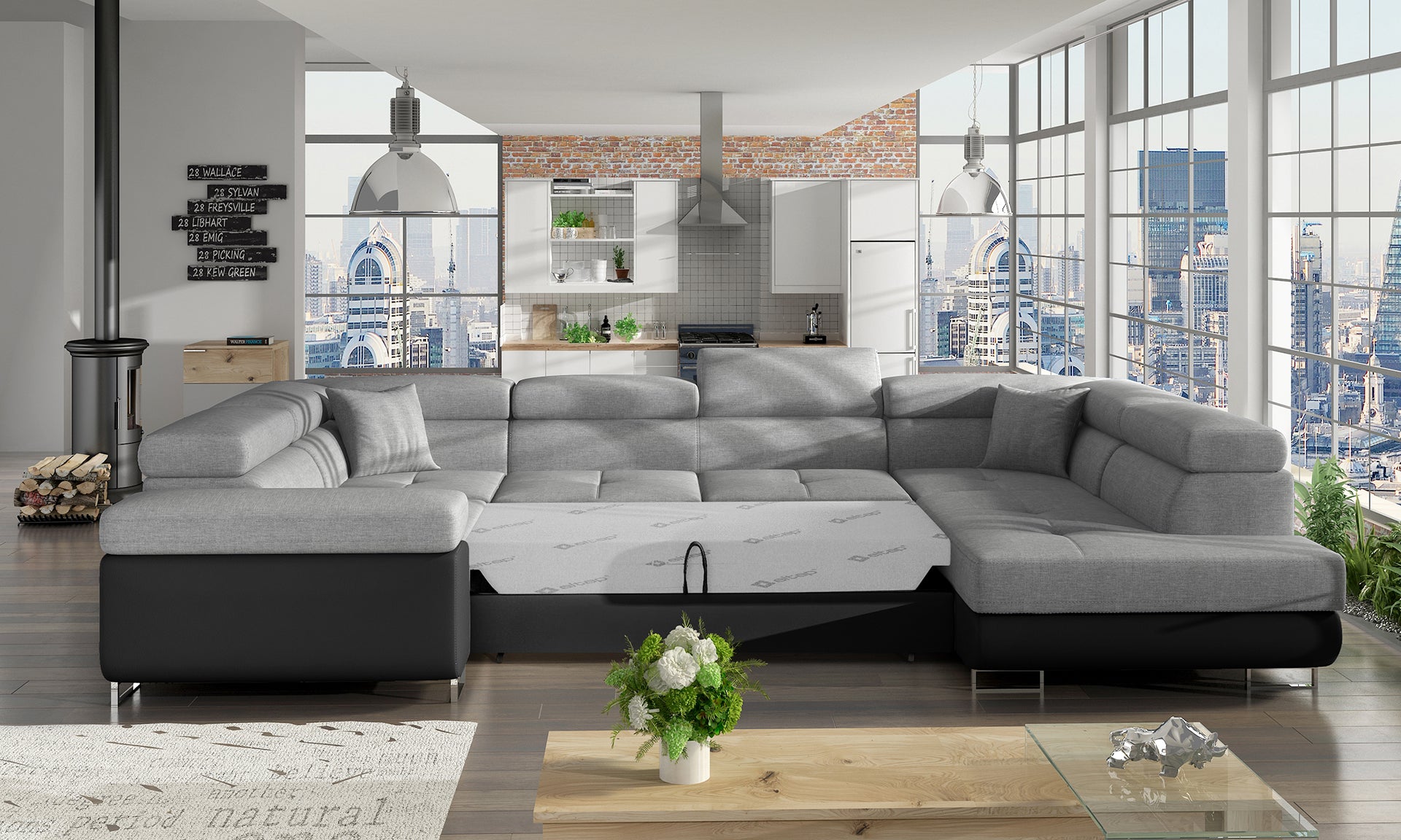Narożnik Letto szary Sawana 21 z czarną podstawą Soft 11 w eleganckiej aranżacji salonu, widok z prawej strony