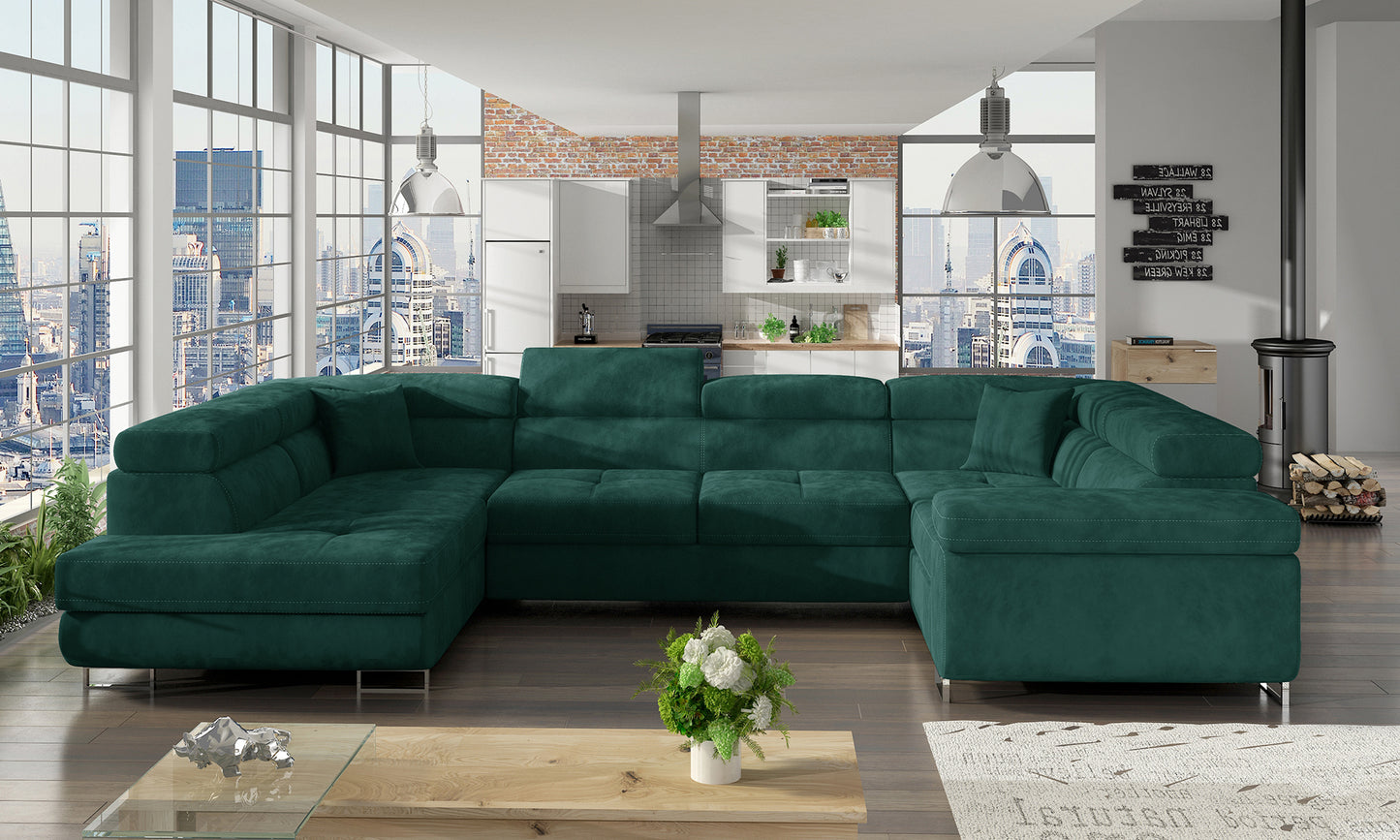 Narożnik Letto Kronos 19 zielony ustawiony w jasnym, nowoczesnym salonie