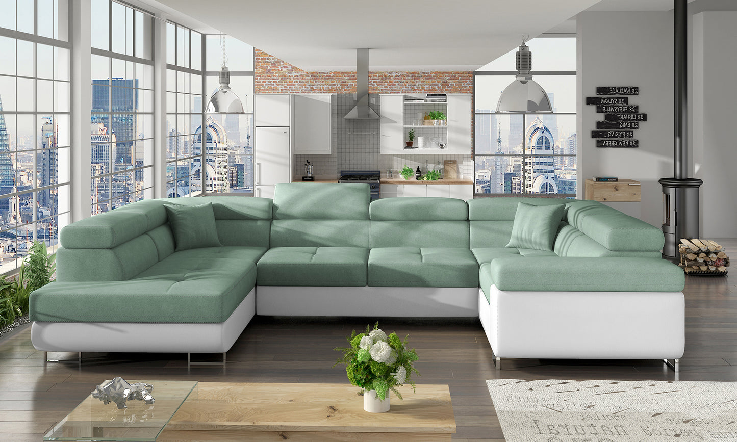 Narożnik Letto w tkaninie Soro 34 jasnozielonej i białym Soft 17 w nowoczesnym salonie