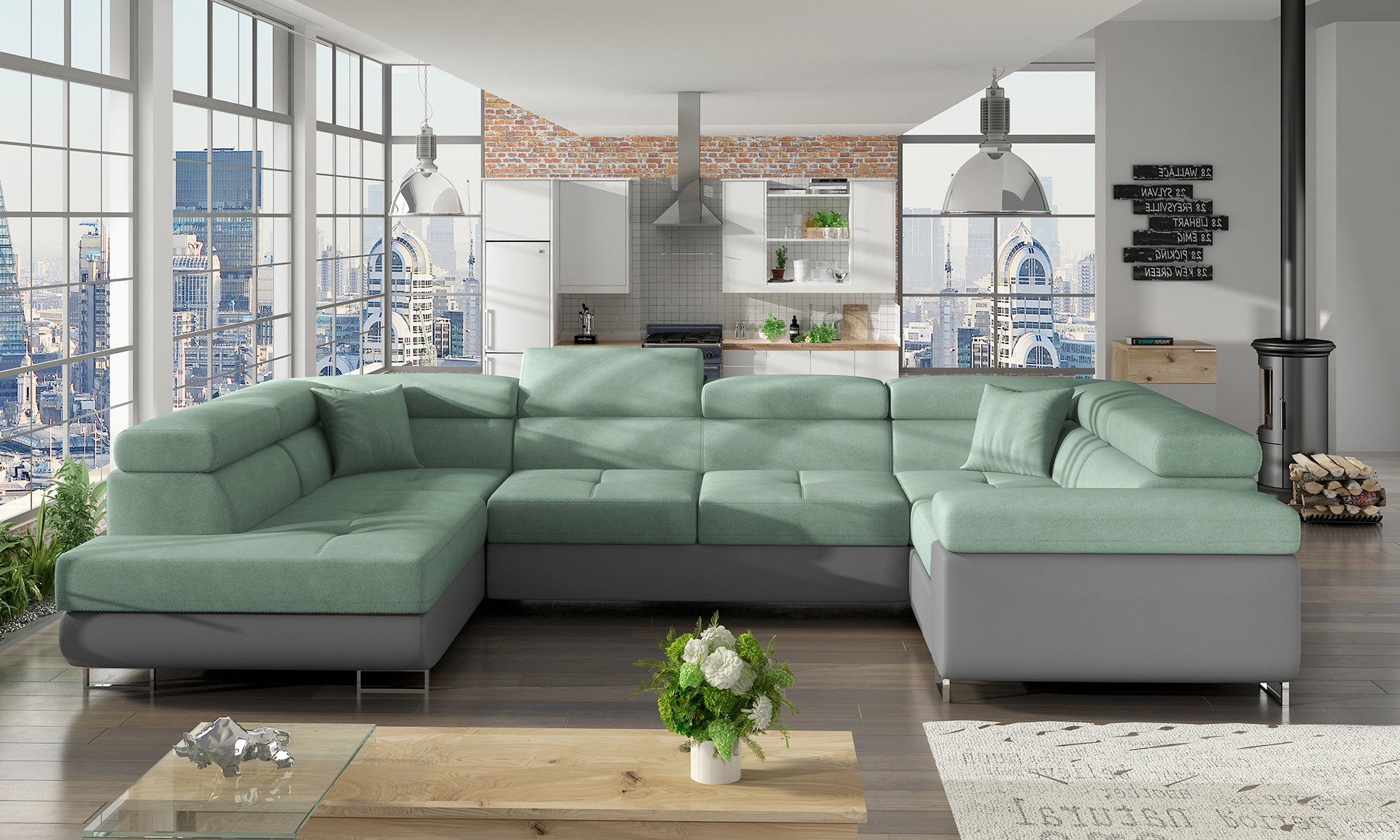 Narożnik Letto w tkaninie Soro 34 jasnozielonej i Soft 29 szarej w nowoczesnym salonie