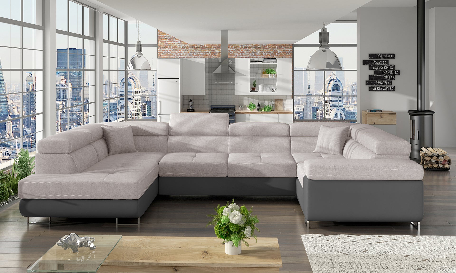 Narożnik Letto Soro 83 jasnoszary z szarymi elementami Soft 29 w nowoczesnym salonie