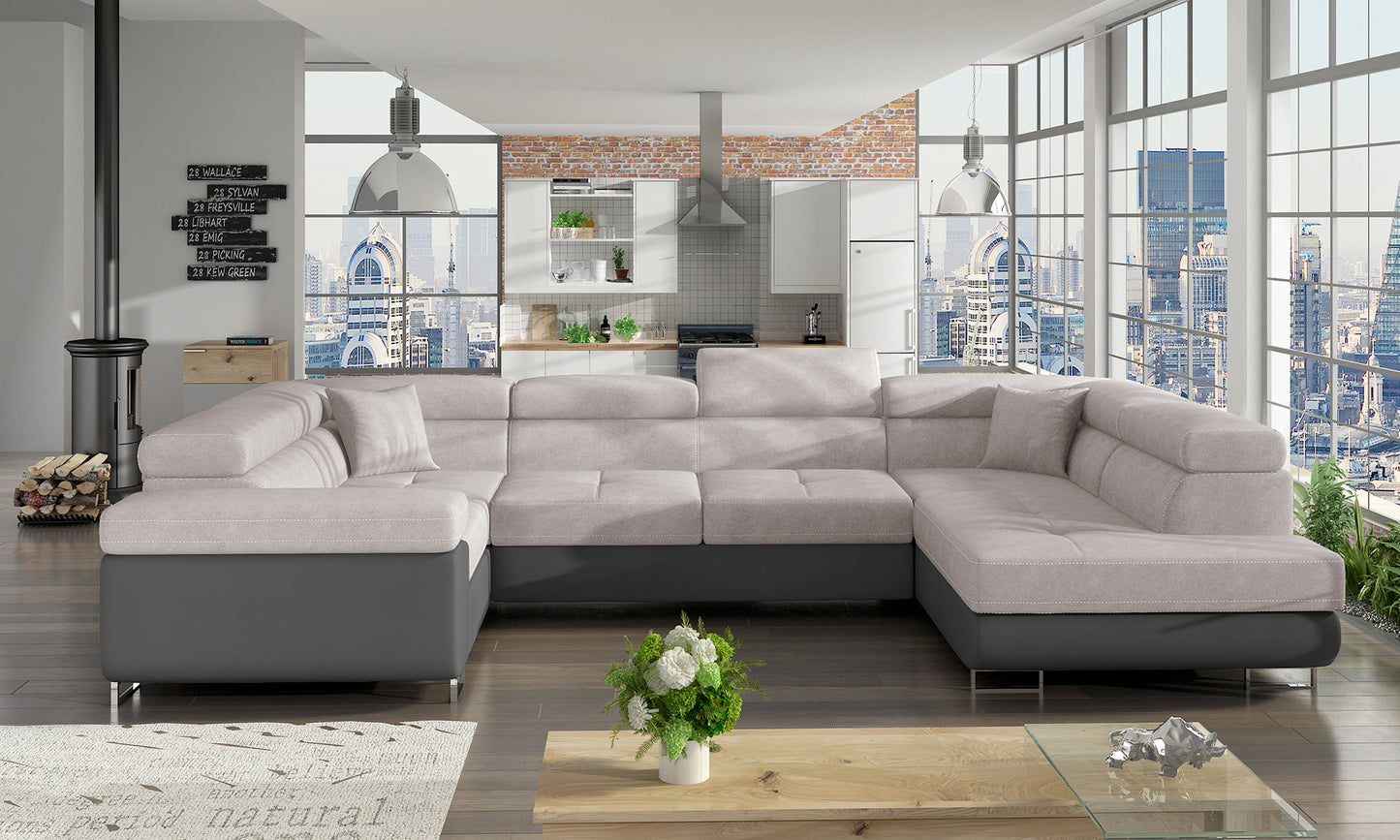 Narożnik Letto narożny w tkaninie Soro 83 jasnoszary z szarą podstawą Soft 29 w nowoczesnym salonie, widok z lewej strony