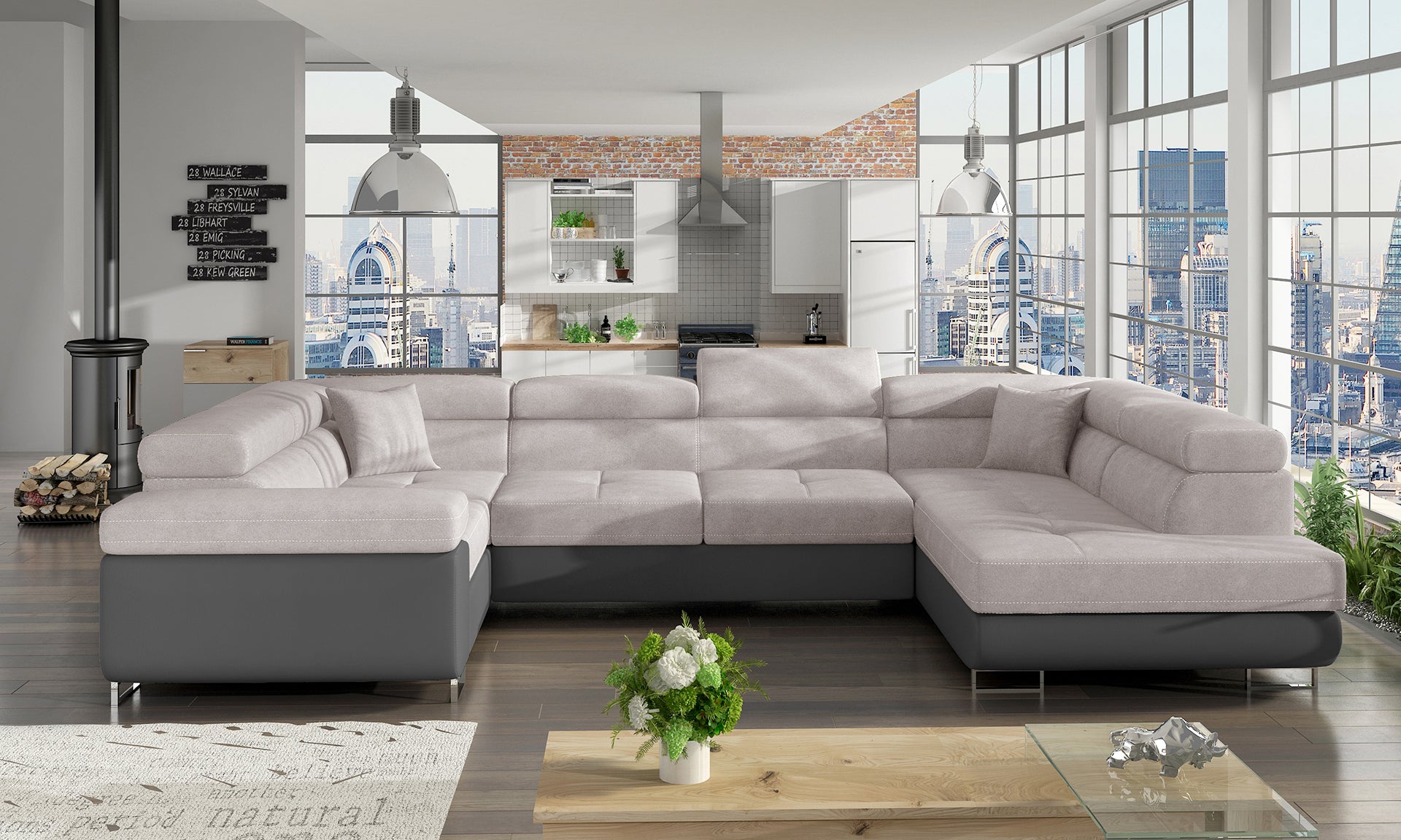 Narożnik Letto narożny w tkaninie Soro 83 jasnoszary z szarą podstawą Soft 29 w nowoczesnym salonie, widok z lewej strony