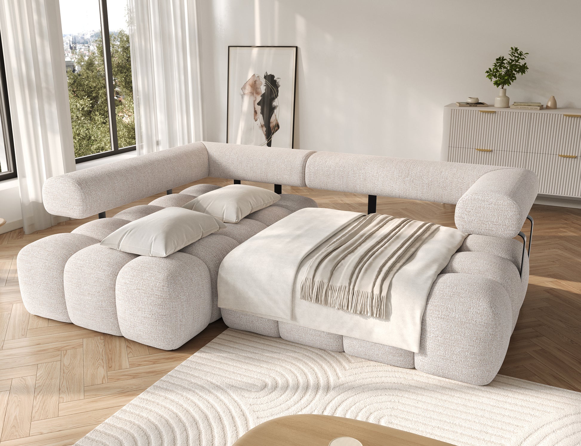 Narożnik Levvi w tkaninie Bazalt 18 beżowy – rozłożona funkcja spania z mechanizmem Relax, idealna do codziennego komfortowego snu