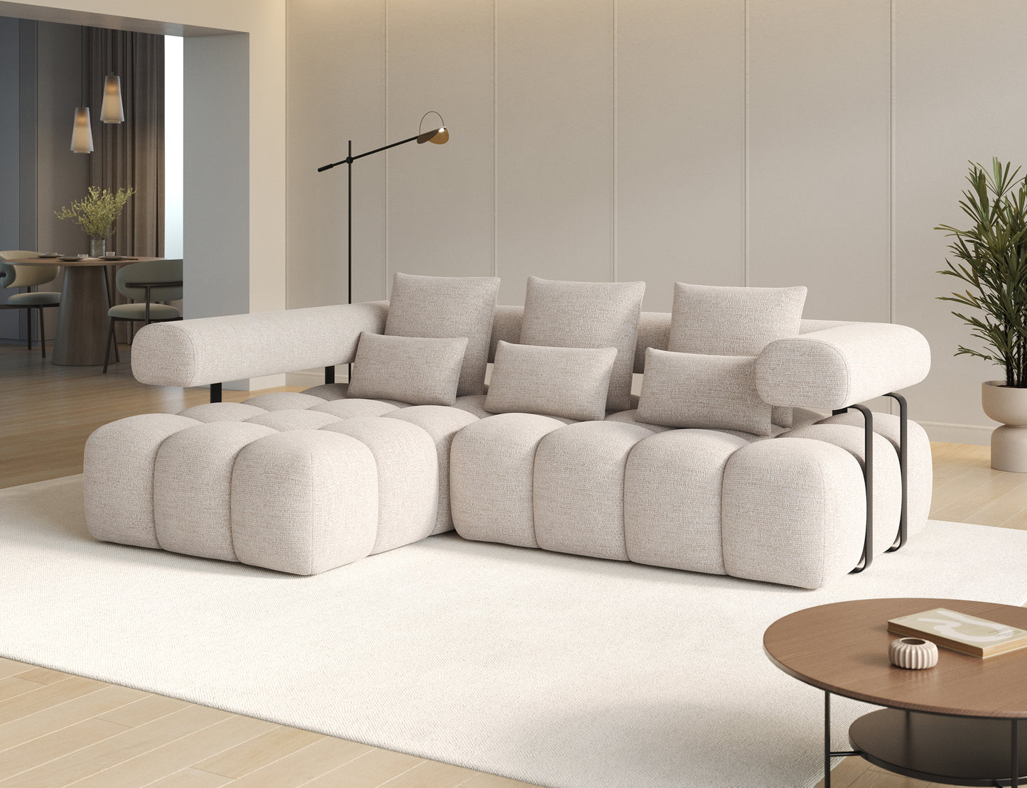 Narożnik Levvi w tkaninie Bazalt 18 beżowy z funkcją Relax – aranżacja salonu w jasnym, minimalistycznym wnętrzu z dodatkami nowoczesnym