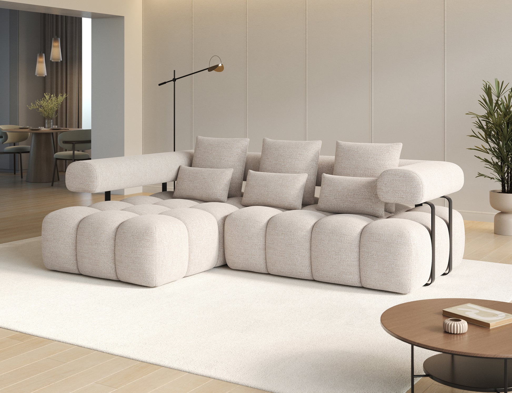 Narożnik Levvi w tkaninie Bazalt 18 beżowy z funkcją Relax – aranżacja salonu w jasnym, minimalistycznym wnętrzu z dodatkami nowoczesnym