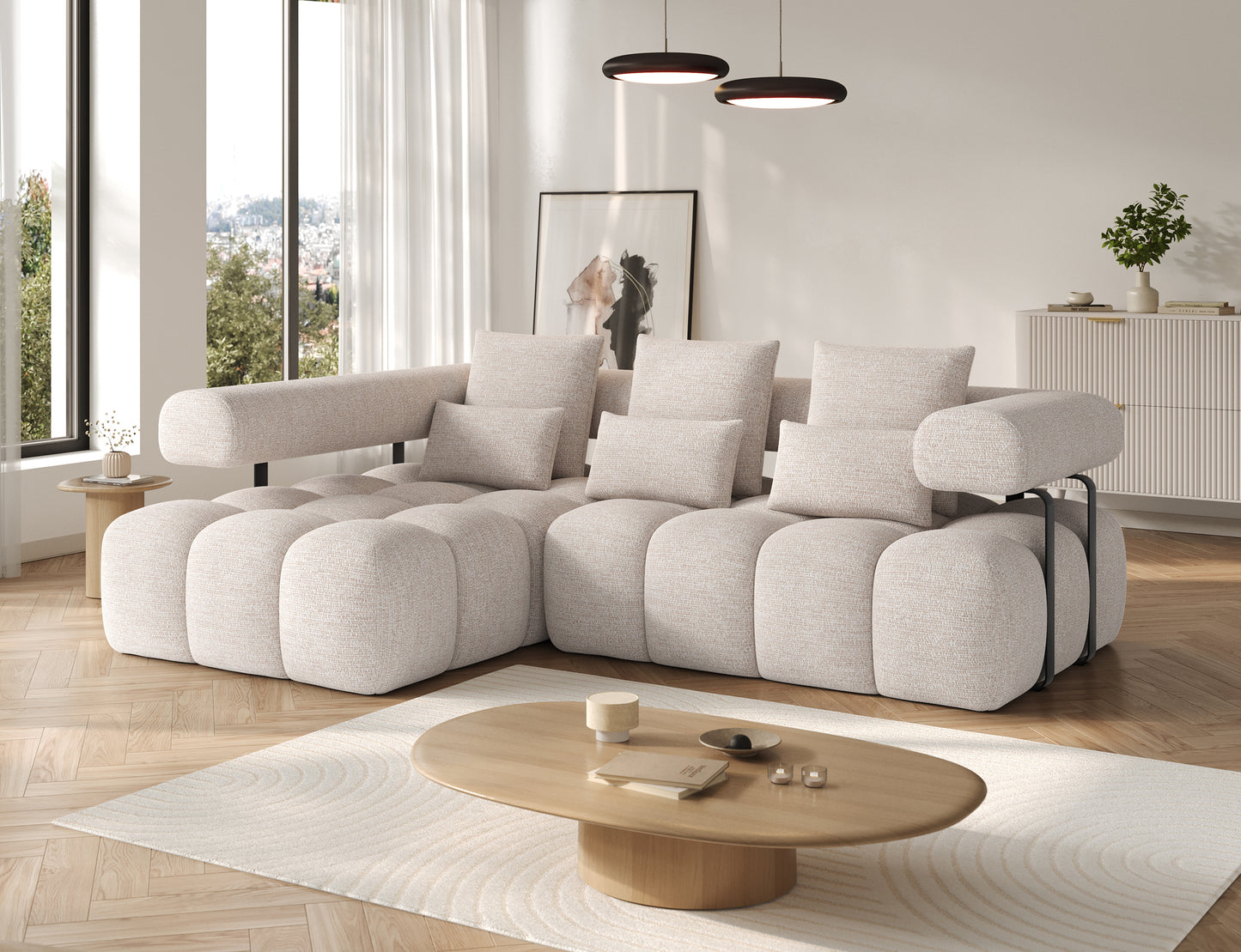 Narożnik Levvi lewy w tkaninie Bazalt 18 beżowy – aranżacja salonu z funkcją Relax, nowoczesny design i wygodny narożnik tapicerowany