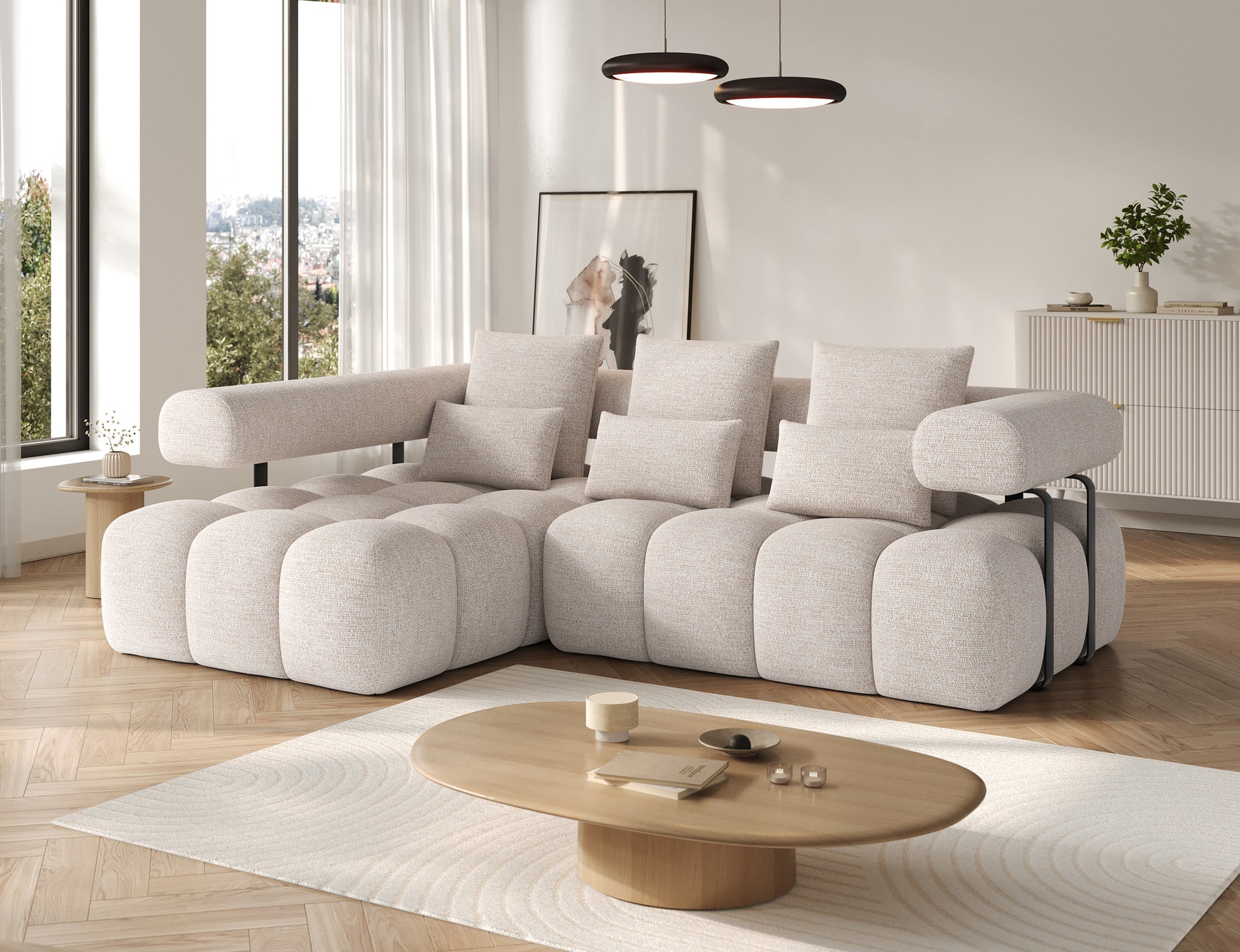 Narożnik Levvi lewy w tkaninie Bazalt 18 beżowy – aranżacja salonu z funkcją Relax, nowoczesny design i wygodny narożnik tapicerowany