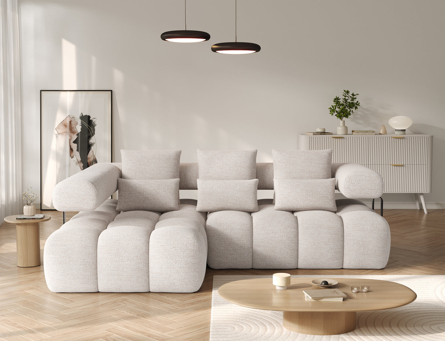 Narożnik Levvi lewy w tkaninie Bazalt 18 beżowy z funkcją Relax i spania – ujęcie na wprost, nowoczesny styl aranżacji salonu