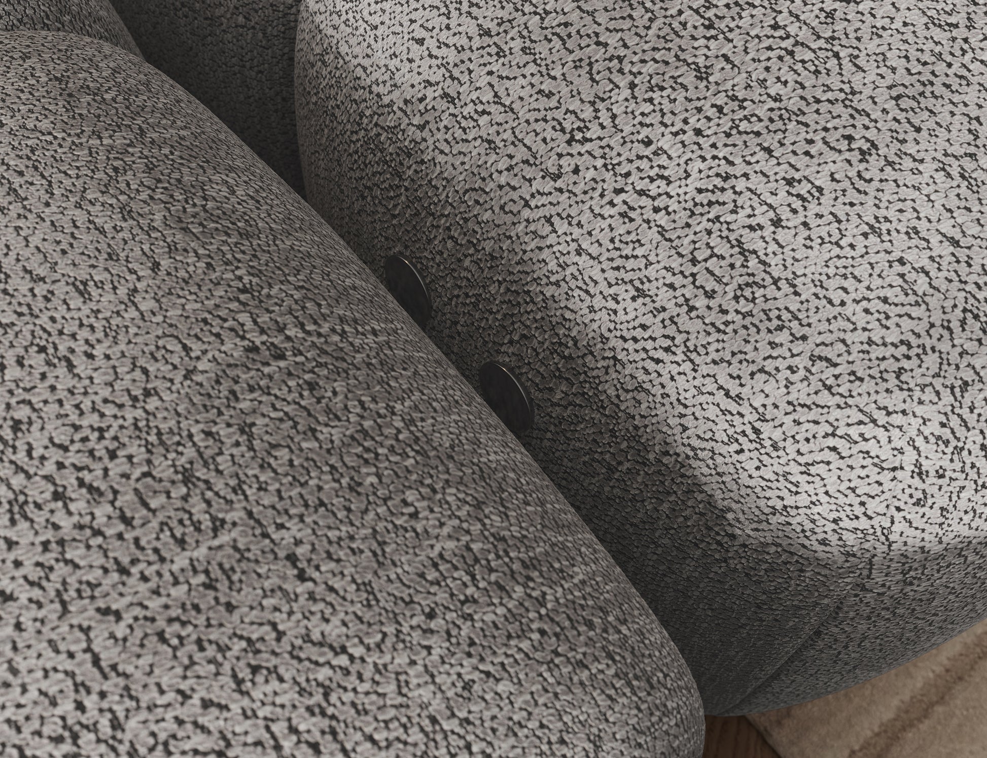 Zbliżenie na detal narożnika Levvi lewy ELTAP w tkaninie Coralline 03 szaro-czarny boucle – przyciski funkcji spania Relax