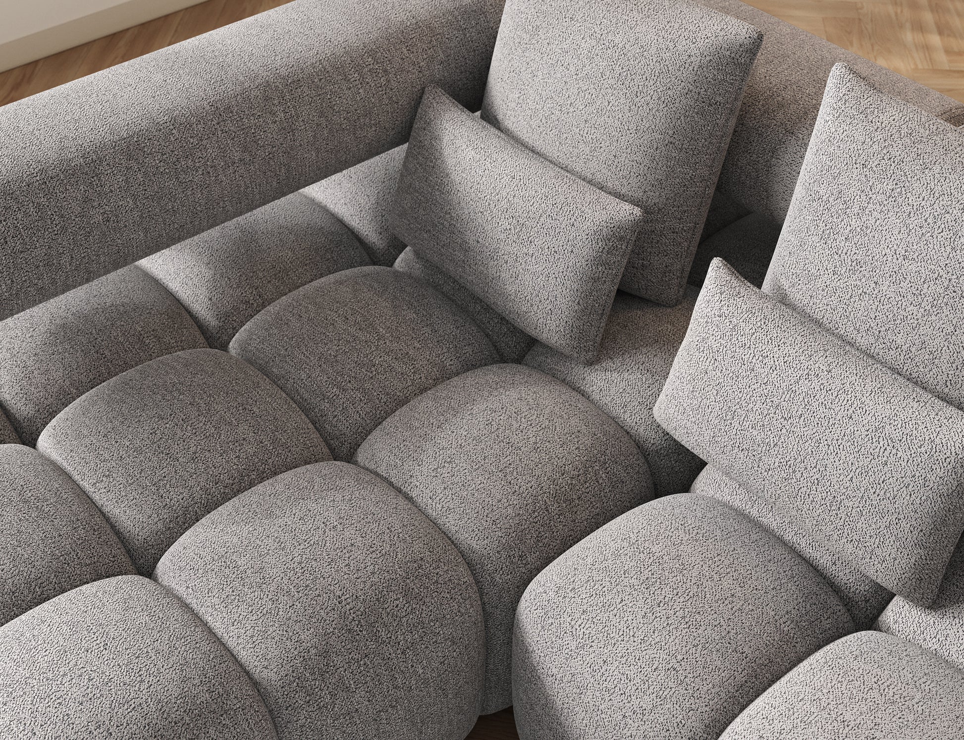 Widok z góry na siedzisko narożnika Levvi lewy ELTAP w tkaninie Coralline 03 szaro-czarny boucle z miękkimi pikowaniami