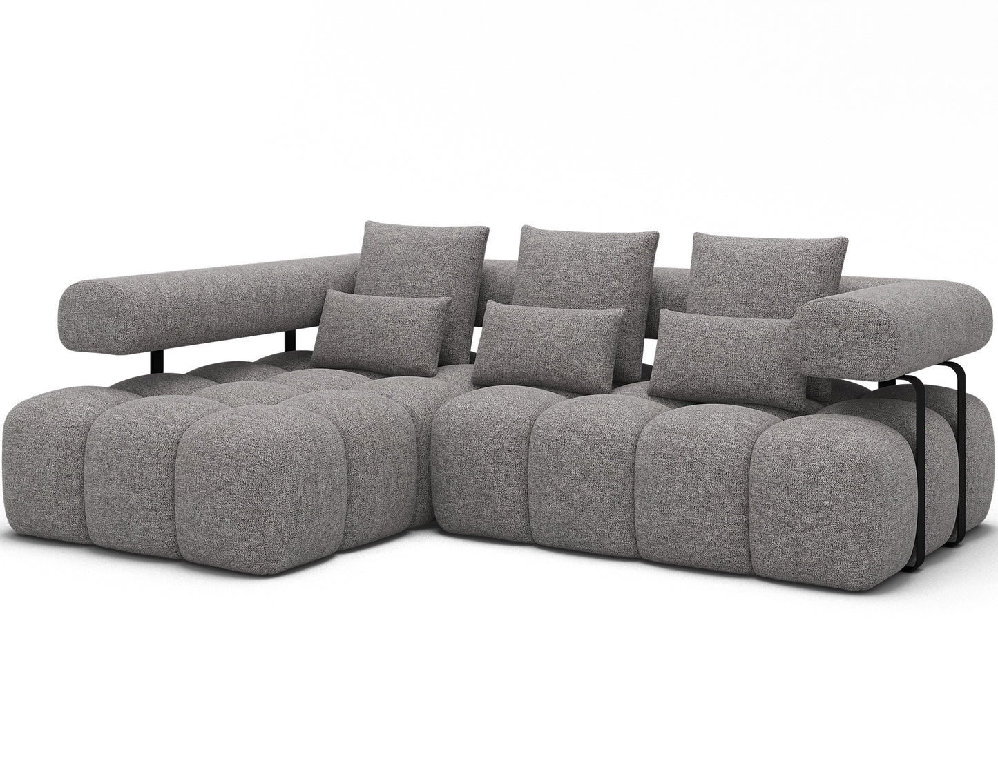 Narożnik Levvi lewy ELTAP w tkaninie Coralline 03 szaro-czarny boucle, widok ukośny na całość mebla z poduszkami