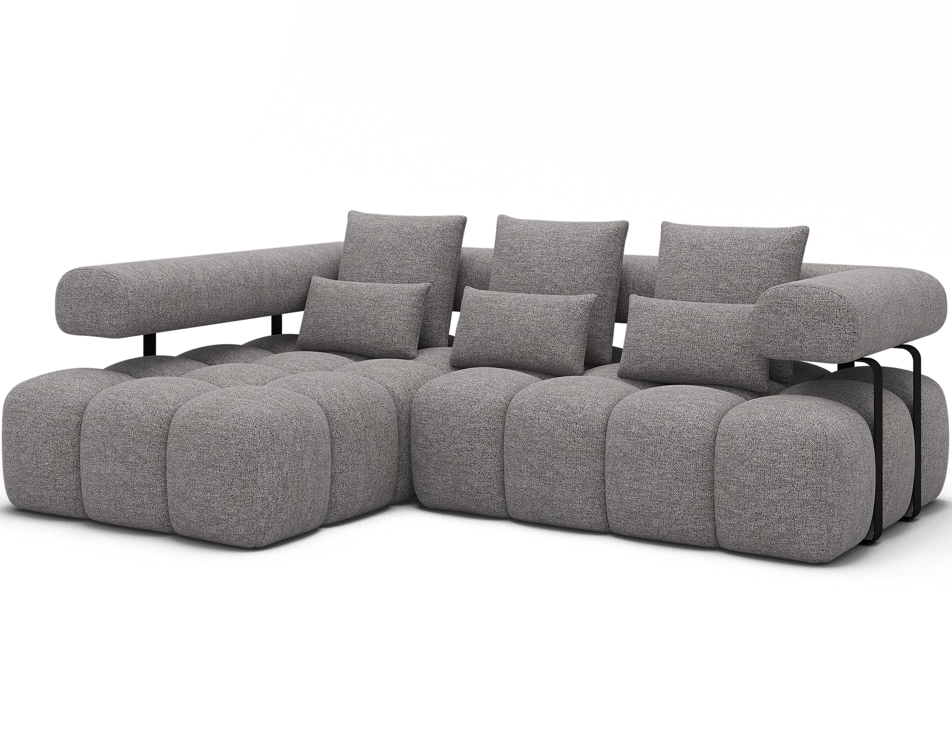 Narożnik Levvi lewy ELTAP w tkaninie Coralline 03 szaro-czarny boucle, widok ukośny na całość mebla z poduszkami