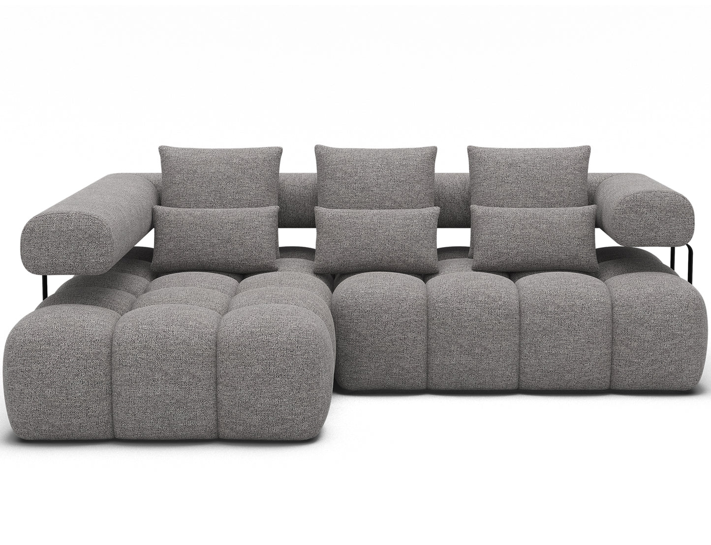 Szaro-czarny narożnik Levvi lewy ELTAP w tkaninie Coralline 03 boucle, widok centralny z detalem miękkich poduch na oparciu