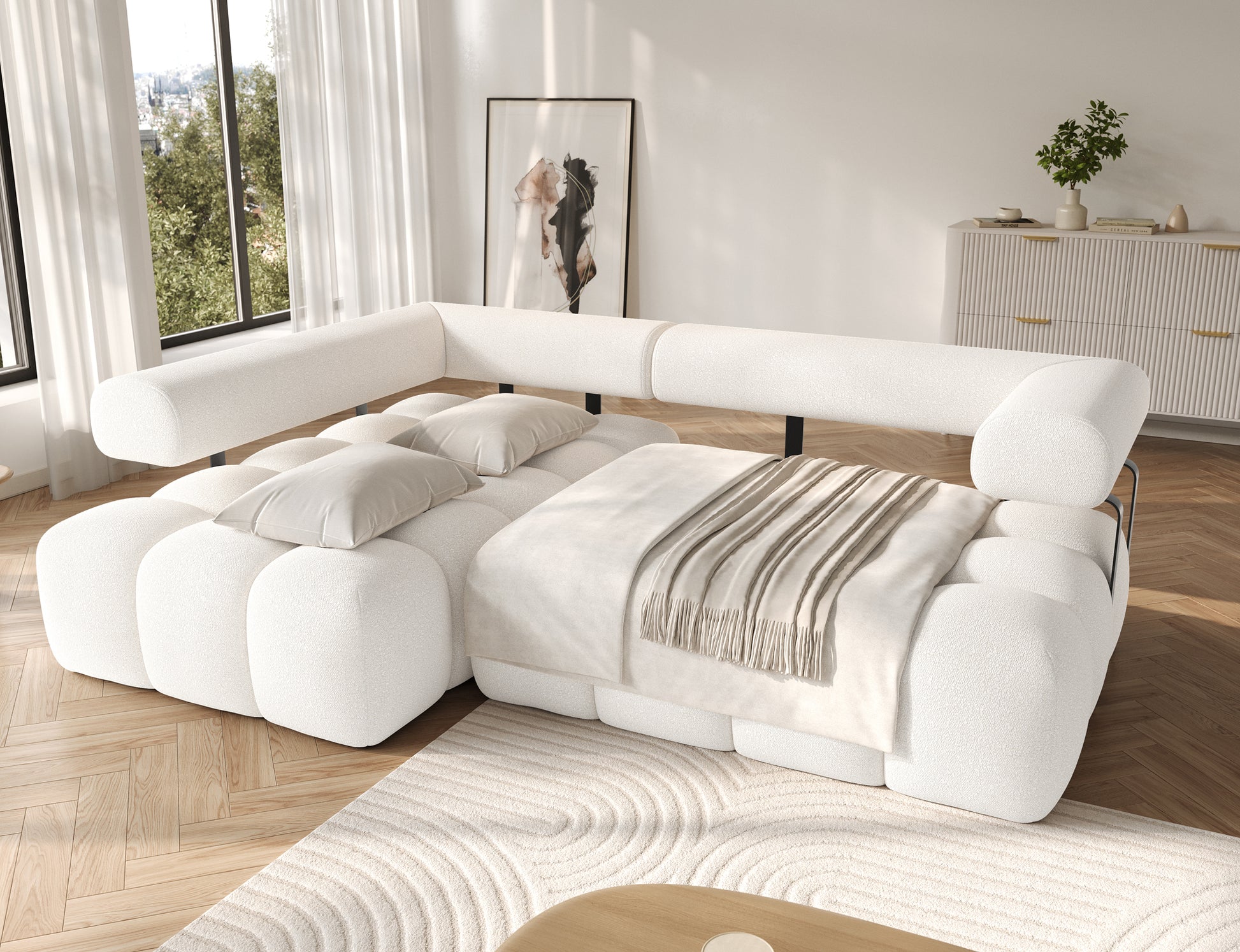 Narożnik Levvi lewy Jaffray 01 biały rozłożony do funkcji spania – komfortowa powierzchnia, idealna do odpoczynku w salonie.