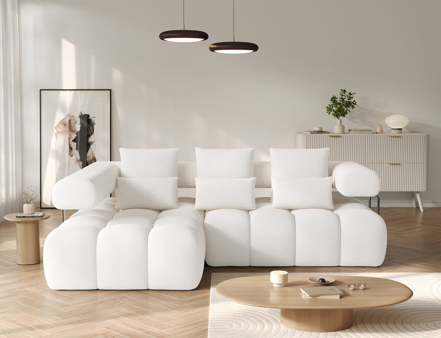 Narożnik Levvi lewy w białym kolorze Jaffray 01, nowoczesny design i miękkie siedziska, idealny do jasnych, stylowych salonów.