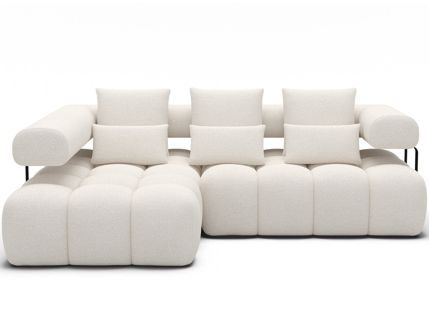 Stylowy narożnik Levvi lewy w tkaninie Jaffray 01 biały, z miękkimi poduszkami i oryginalnym oparciem wspartym metalowymi elementami.