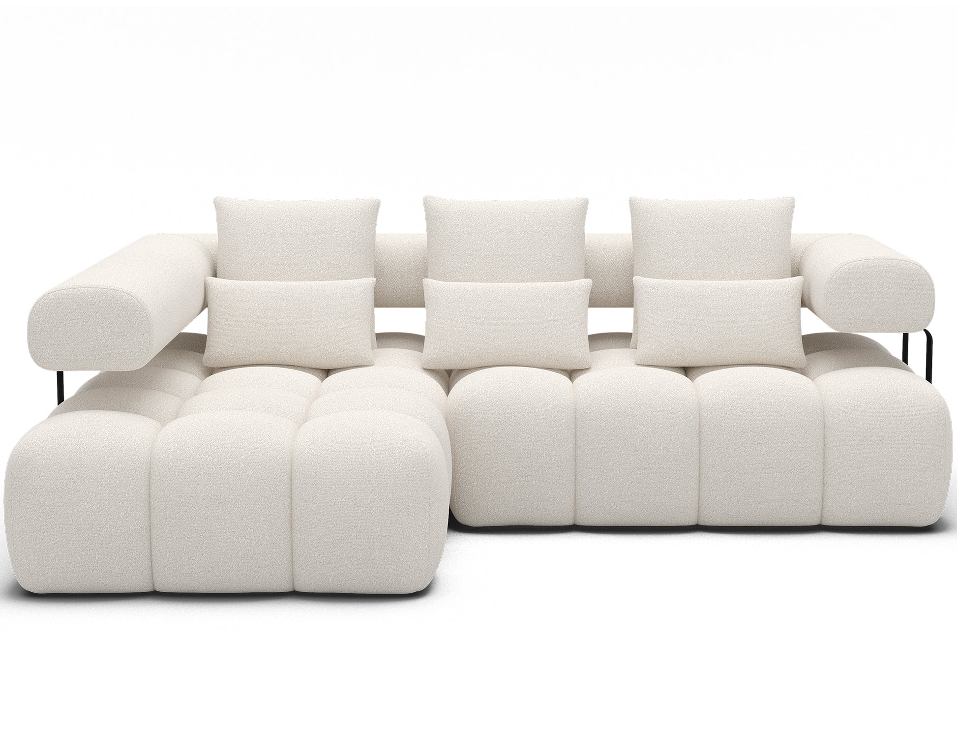 Stylowy narożnik Levvi lewy w tkaninie Jaffray 01 biały, z miękkimi poduszkami i oryginalnym oparciem wspartym metalowymi elementami.