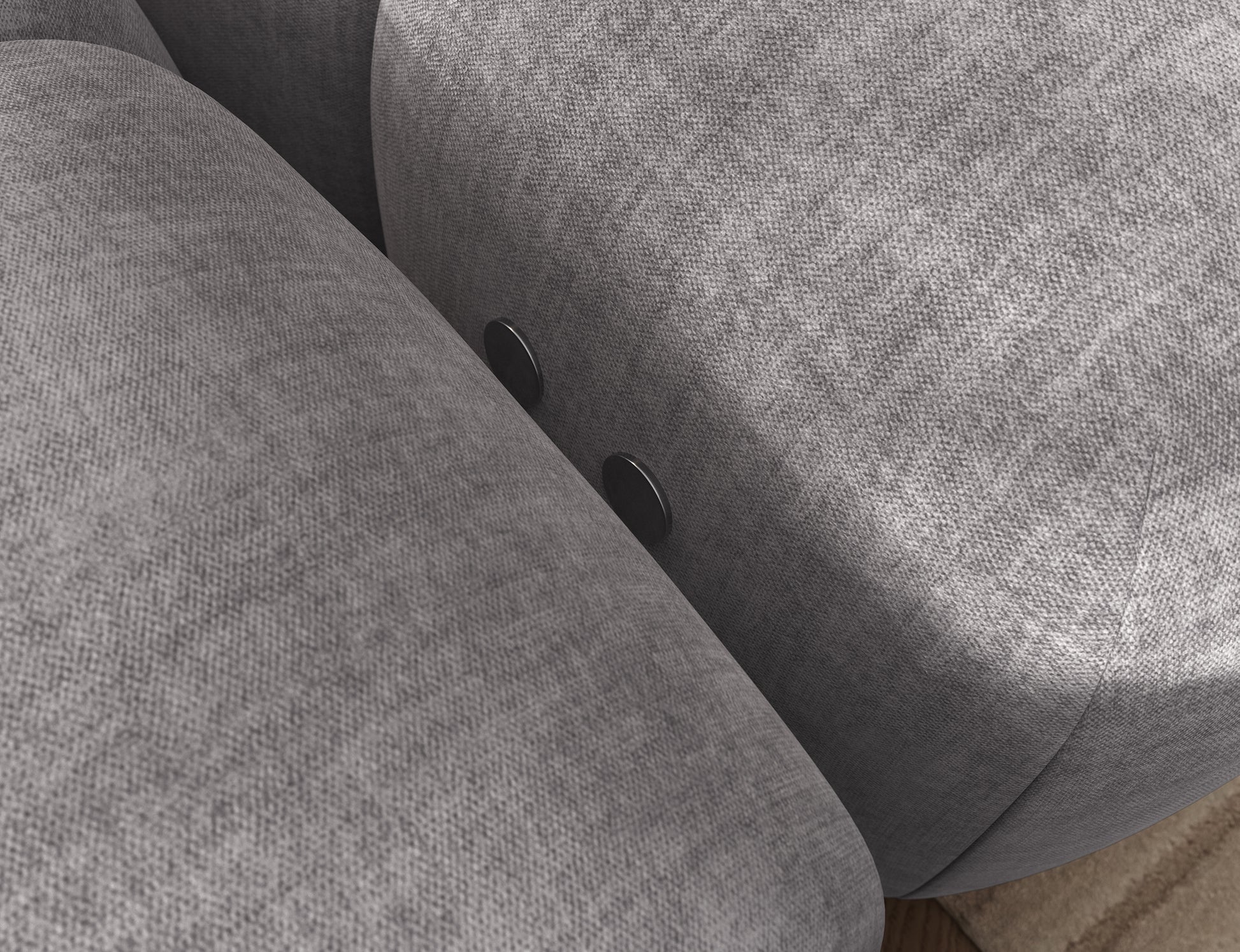 Detal narożnika Levvi ELTAP – tkanina welur easy clean jasnoszary, widok zbliżeniowy na strukturę materiału i szwy