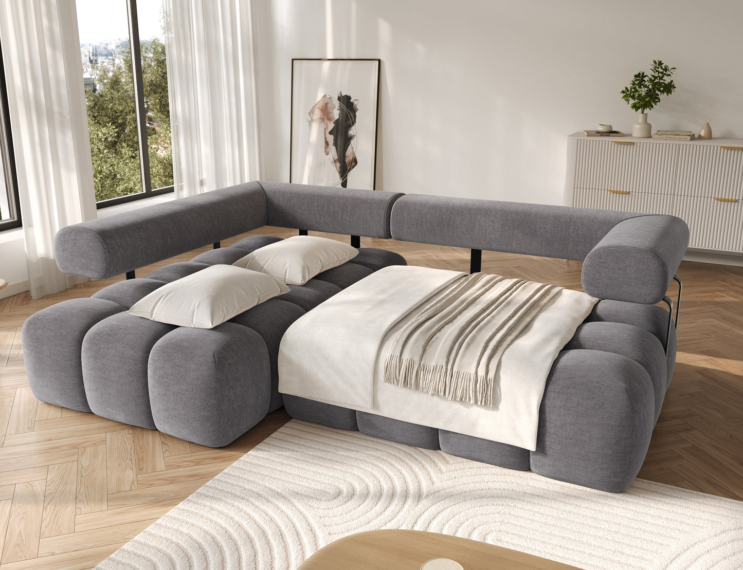 Lewy narożnik Levvi ELTAP w jasnoszarym welurze easy clean, rozłożony do funkcji spania Relax, wygodna powierzchnia posłania