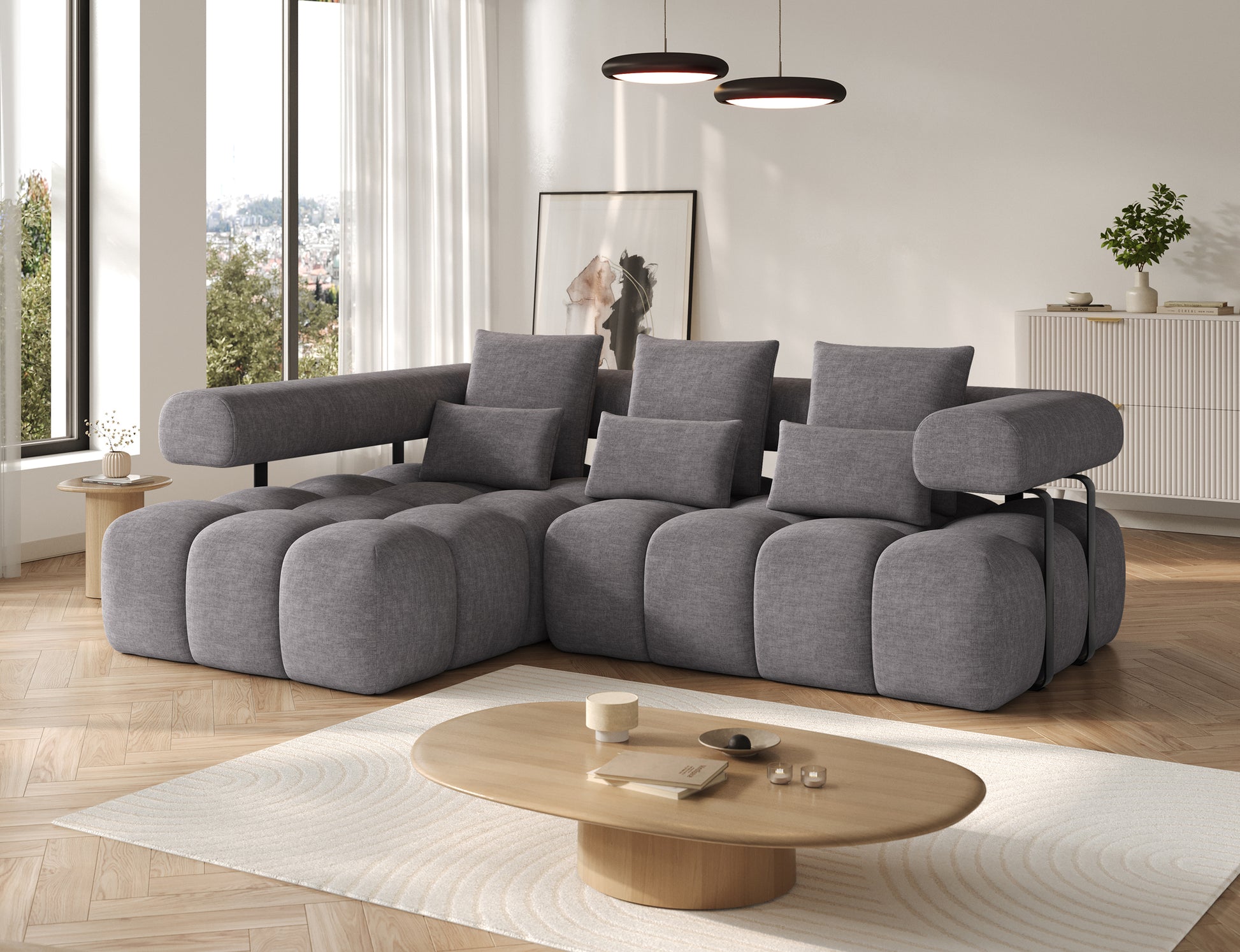 Lewy narożnik Levvi ELTAP w jasnoszarym welurze easy clean, ujęcie skośne, poduchy, czarne nogi i funkcja spania Relax