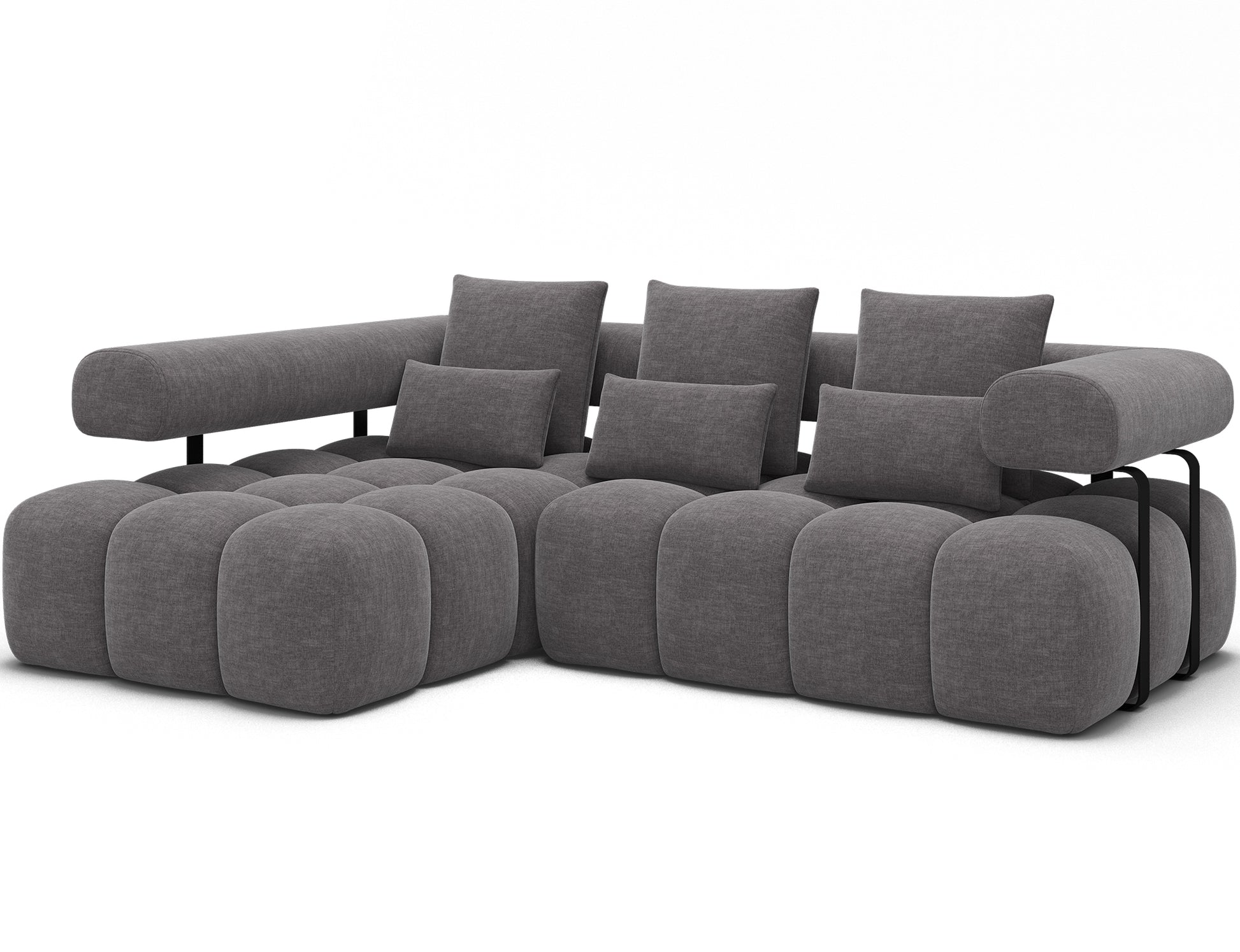 Lewy narożnik Levvi ELTAP w jasnoszarym welurze easy clean, układ skośny, czarne metalowe nogi, funkcja spania Relax