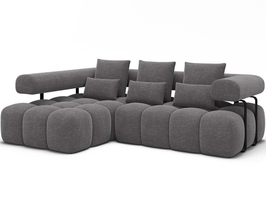 Lewy narożnik Levvi ELTAP w jasnoszarym welurze easy clean, układ skośny, czarne metalowe nogi, funkcja spania Relax