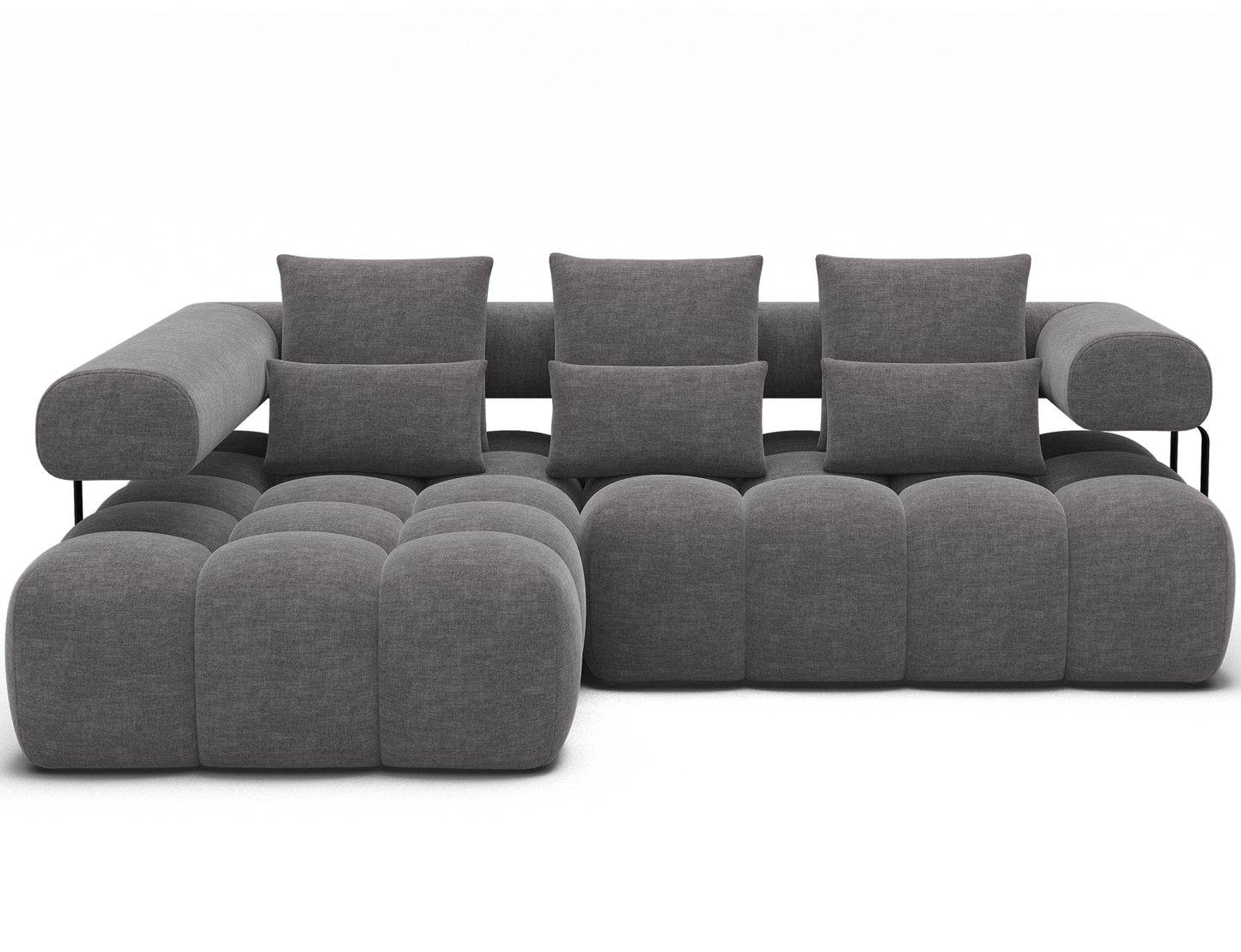 Narożnik Levvi ELTAP w jasnoszarym welurze easy clean, widok od frontu, miękkie siedziska, czarne nogi i funkcja spania Relax