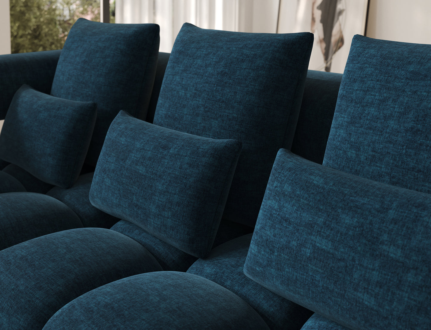 Detal konstrukcji narożnika Levvi lewy Manhattan 40 granatowy – miękkie poduszki i wyrazista faktura tapicerki.