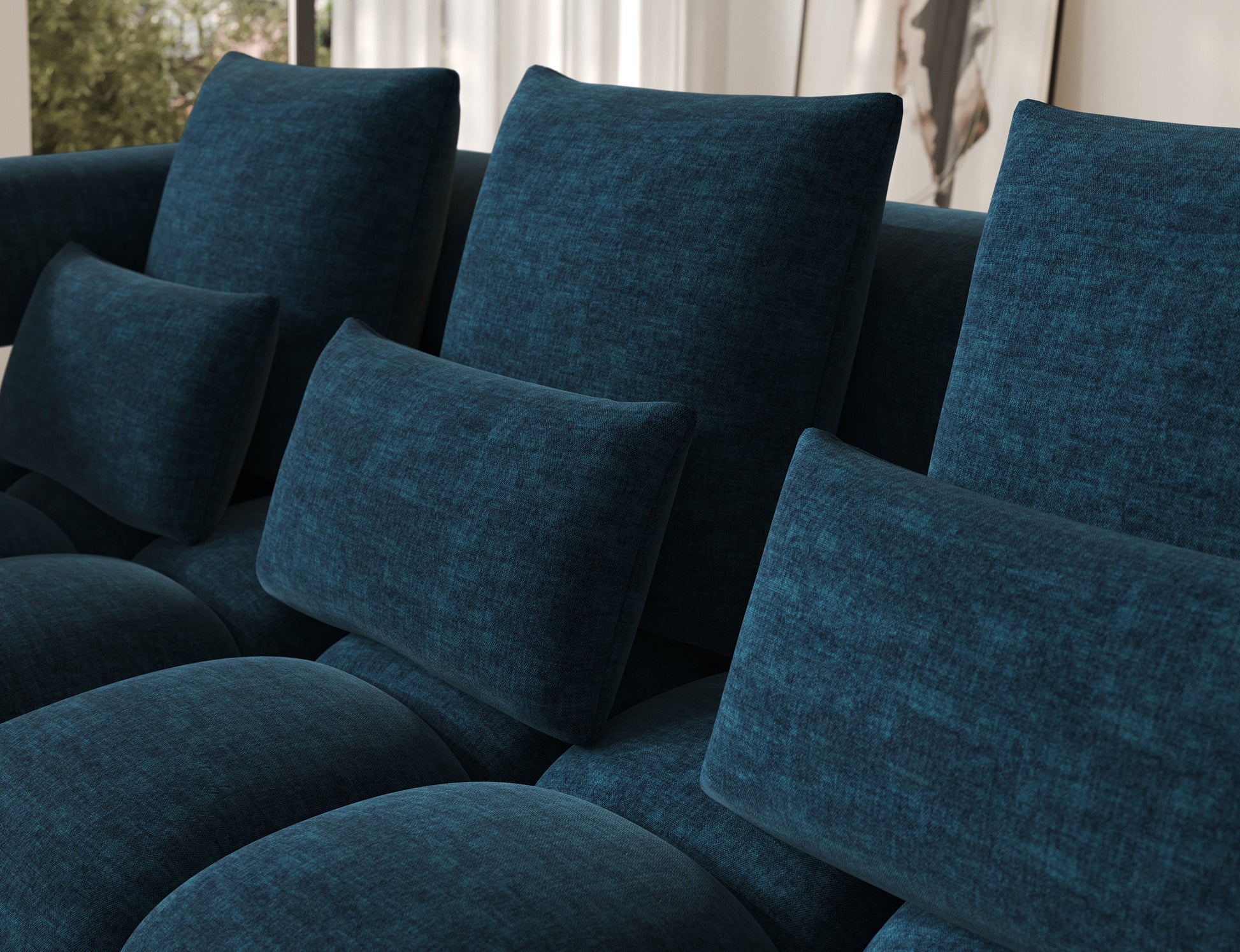 Detal konstrukcji narożnika Levvi lewy Manhattan 40 granatowy – miękkie poduszki i wyrazista faktura tapicerki.