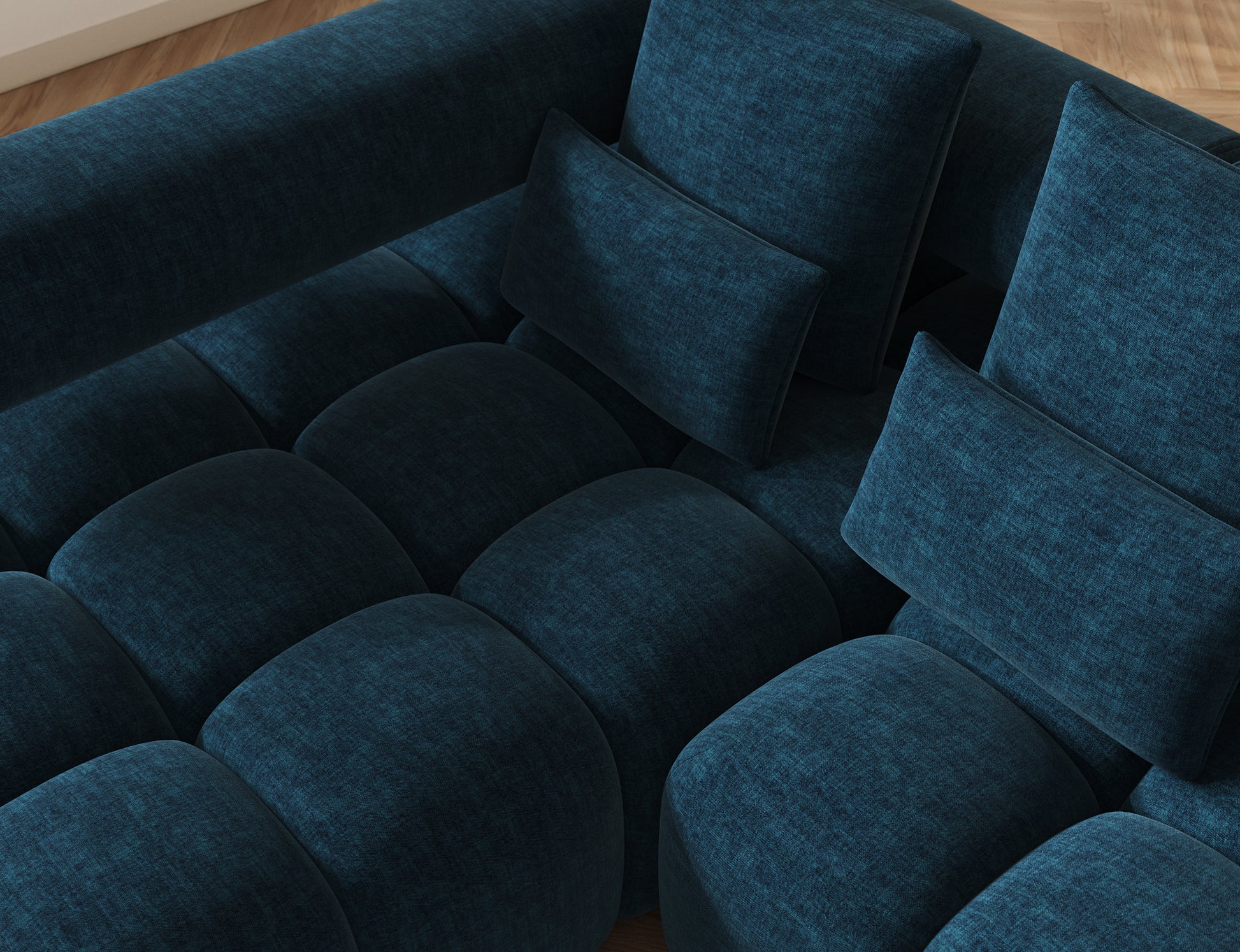 Zbliżenie narożnika Levvi lewy Manhattan 40 granatowy – staranne wykonanie i tkanina o subtelnym połysku w odcieniu granatu.