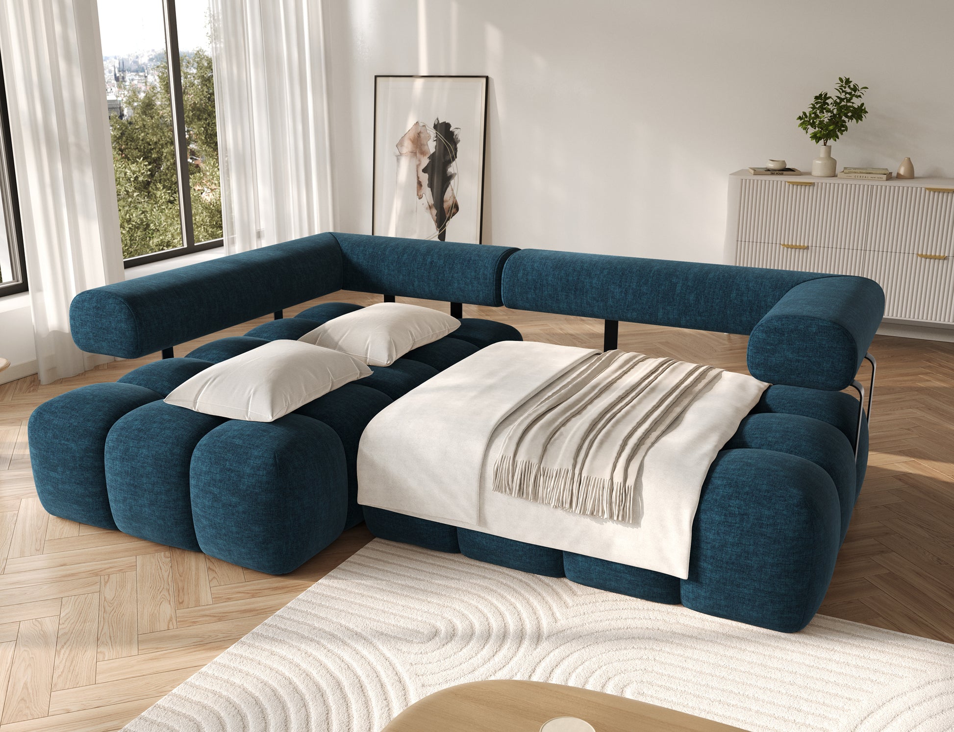 Narożnik Levvi lewy Manhattan 40 granatowy – funkcja spania rozłożona, komfortowa powierzchnia z miękkimi poduszkami.