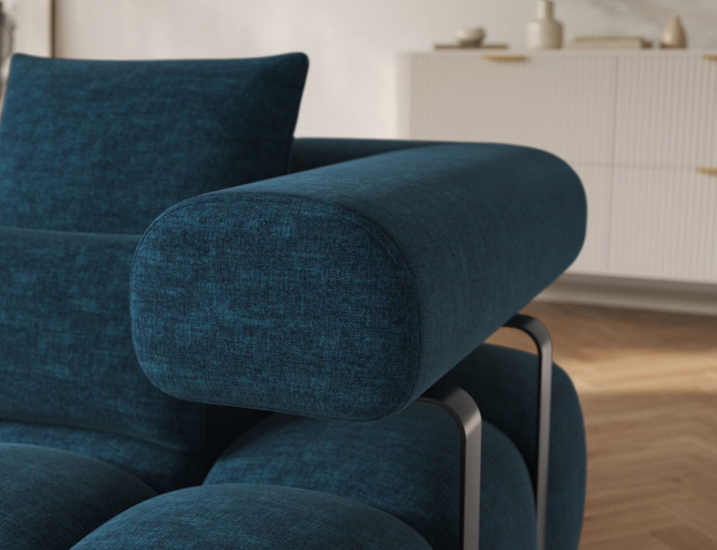 Podłokietnik narożnika Levvi lewy Manhattan 40 granatowy – elegancki kształt, wygodne oparcie i solidne metalowe elementy.