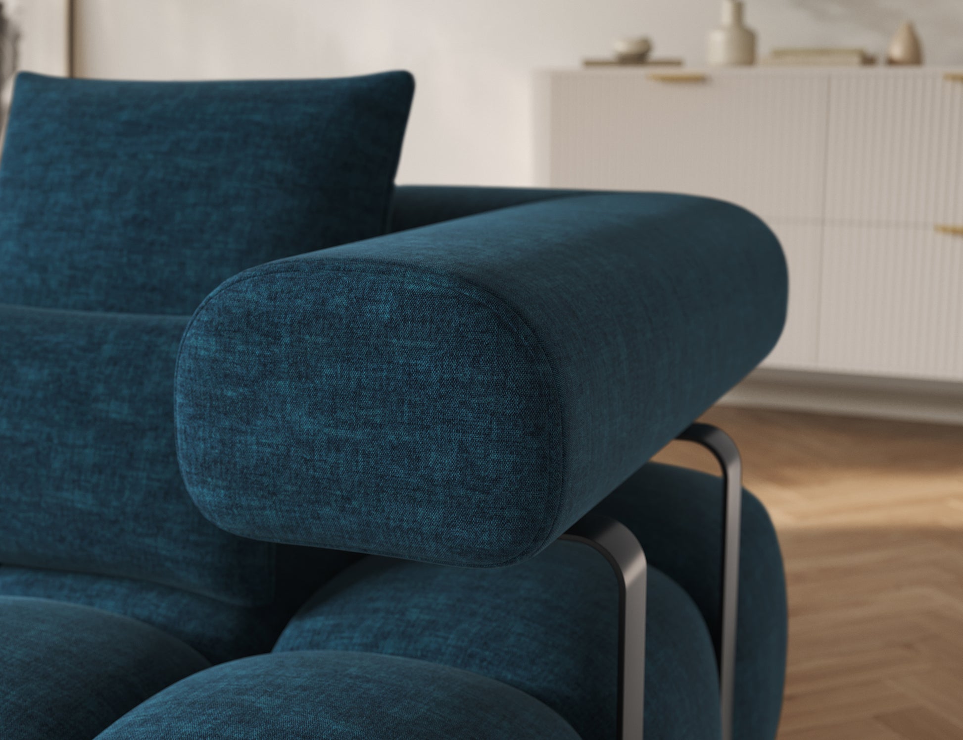 Podłokietnik narożnika Levvi lewy Manhattan 40 granatowy – elegancki kształt, wygodne oparcie i solidne metalowe elementy.