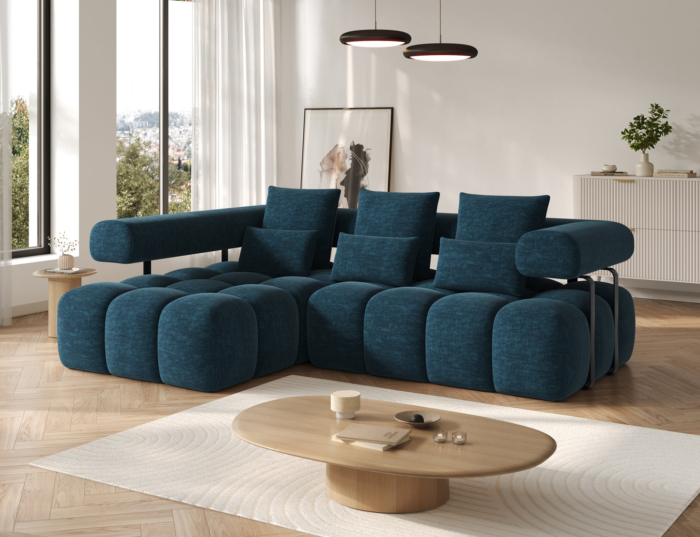 Narożnik Levvi lewy Manhattan 40 granatowy – widok boczny ukazujący nowoczesne proporcje i miękkie, zaokrąglone formy siedziska.