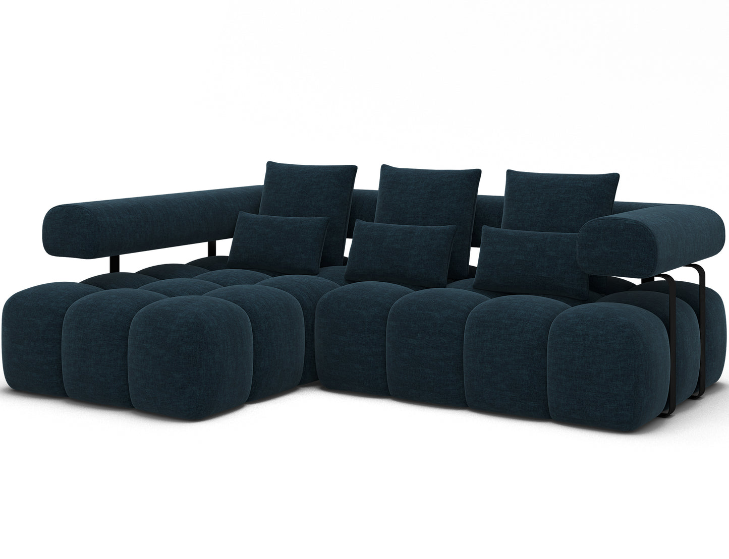 Narożnik Levvi lewy w tkaninie Manhattan 40 granatowy – widok z ukosa, nowoczesny design, miękkie siedzisko i zaokrąglone oparcie.